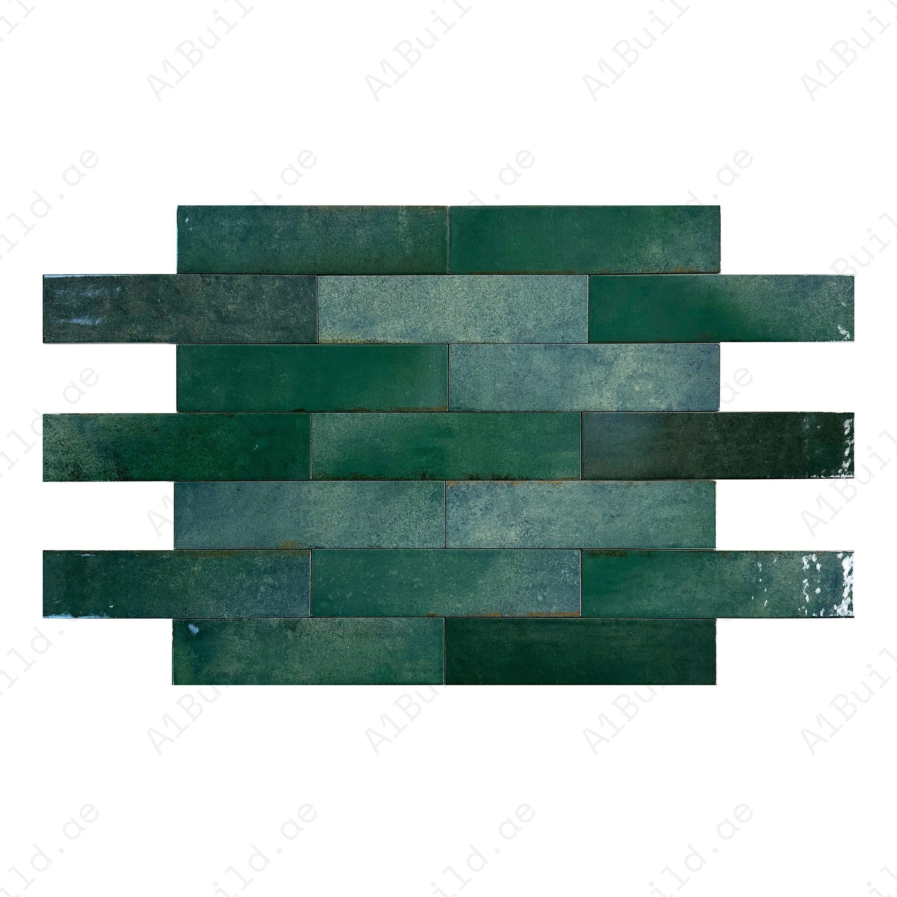 Green Glossy Porcelain Tiles – long-strip design, waterproof, scratch & mold-resistant. Perfect for kitchens, bathrooms, floors, walls & modern interiors.