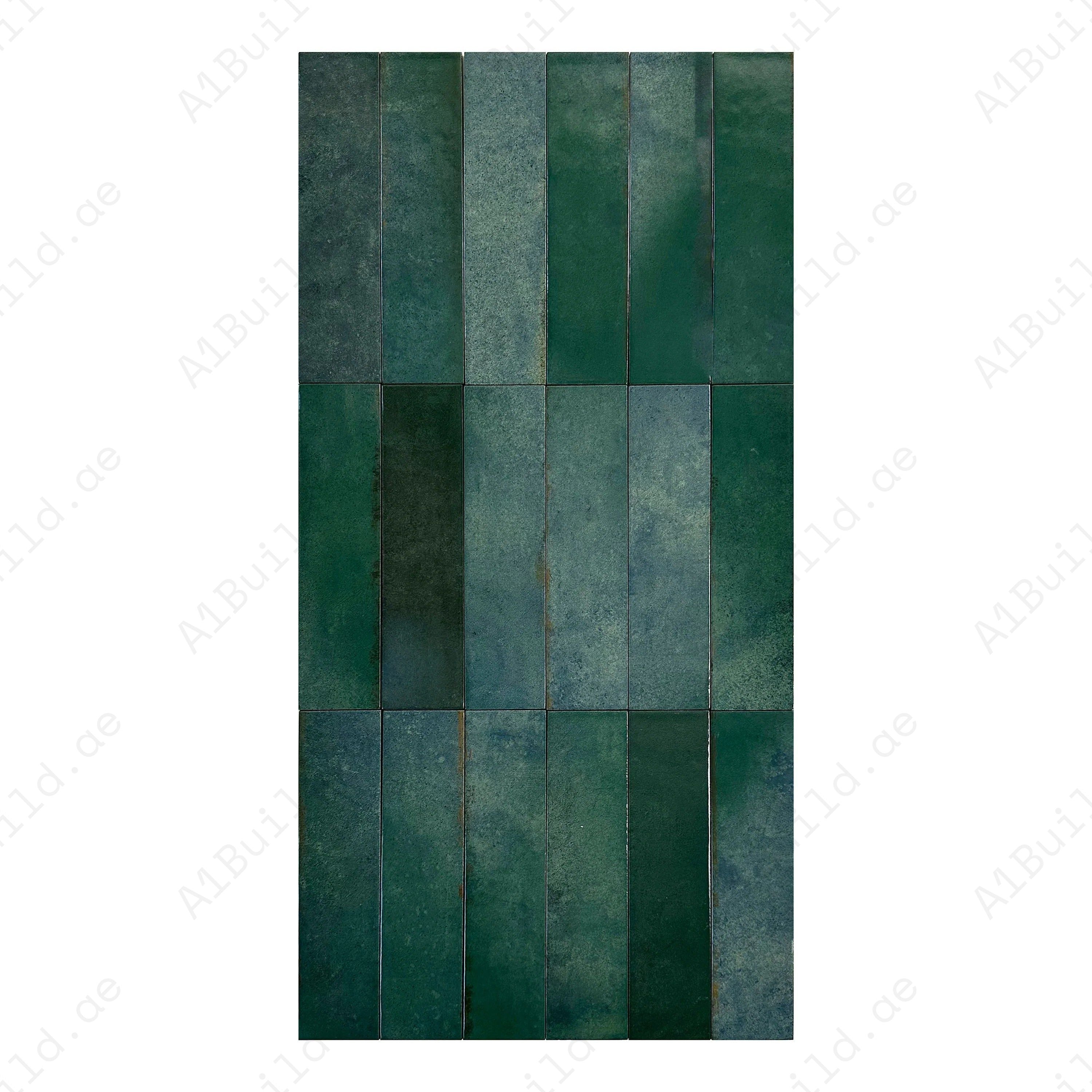 Green Glossy Porcelain Tiles – long-strip design, waterproof, scratch & mold-resistant. Perfect for kitchens, bathrooms, floors, walls & modern interiors.