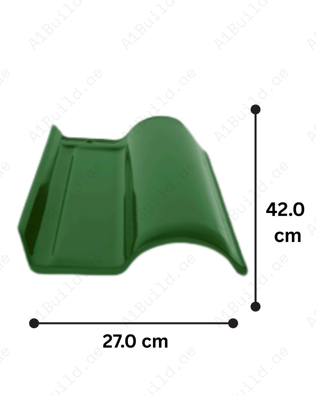 Green curved ceramic roof tile 42×27 cm, 2.8kg, 12/m². Long-lasting color, weather-resistant design, elegant natural look.