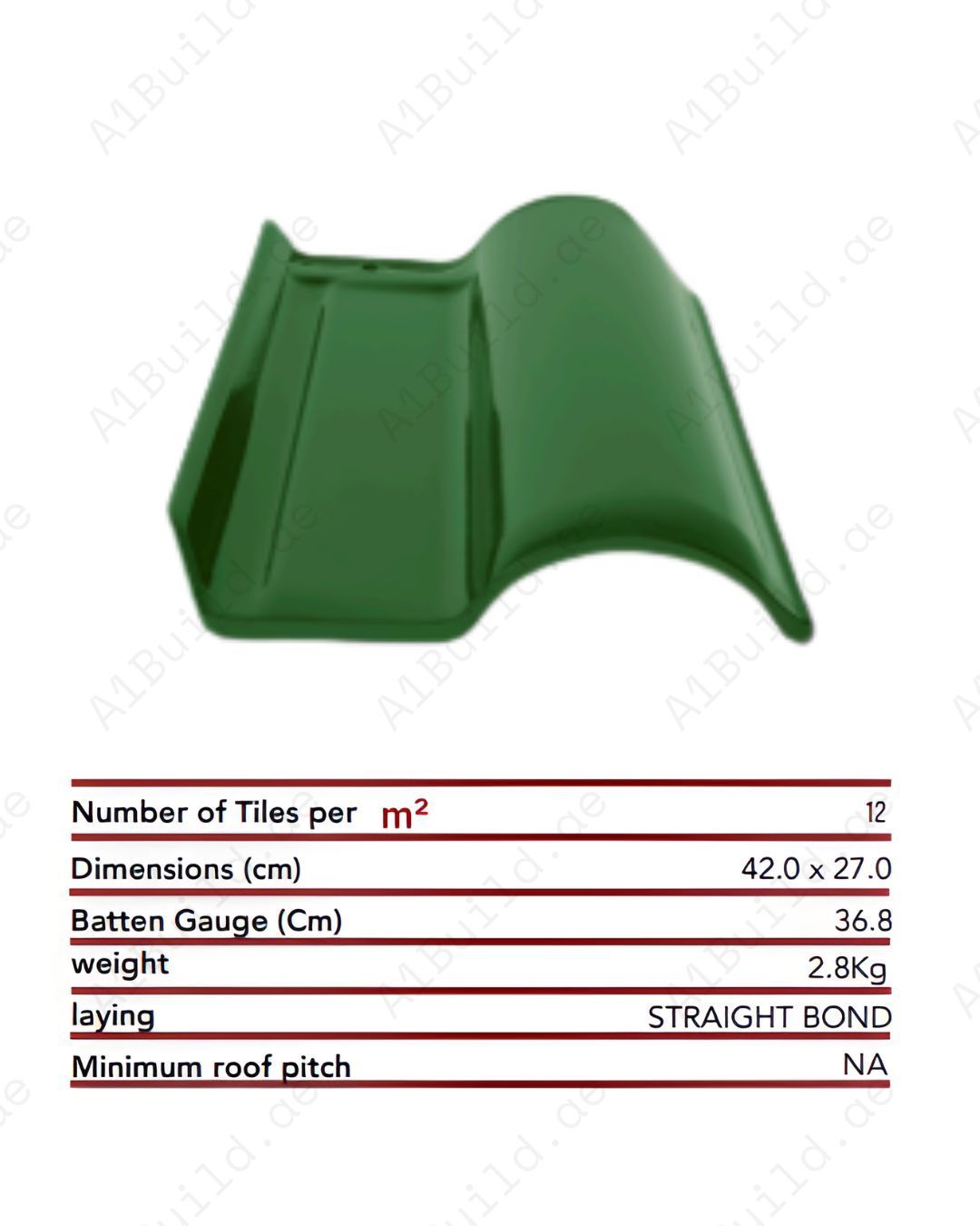 Green curved ceramic roof tile 42×27 cm, 2.8kg, 12/m². Long-lasting color, weather-resistant design, elegant natural look.