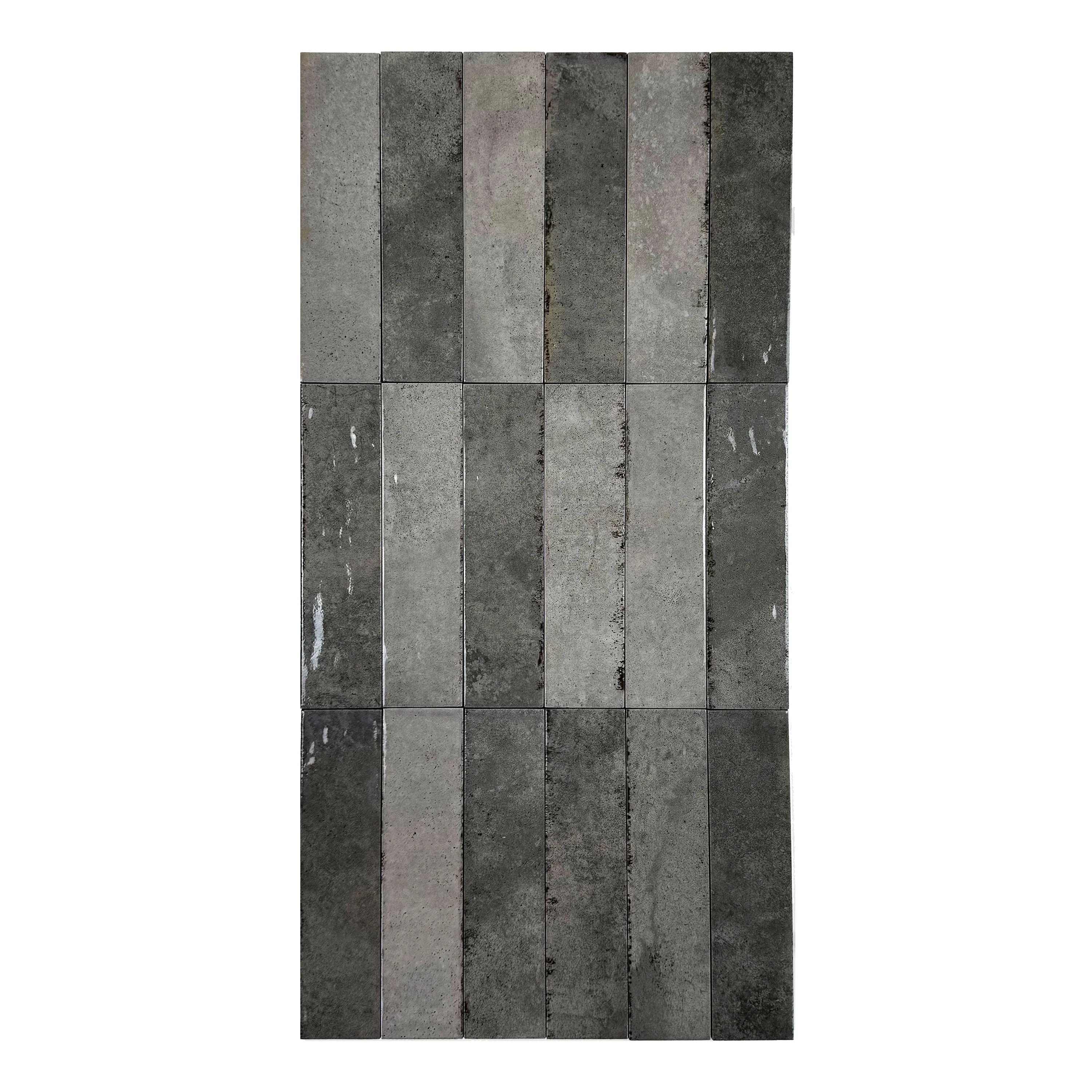 Grey Mixed Glossy Porcelain Tiles – 75x300mm long-strip design, scratch and mold-resistant. Perfect for kitchens, bathrooms, floors, walls and modern interiors.