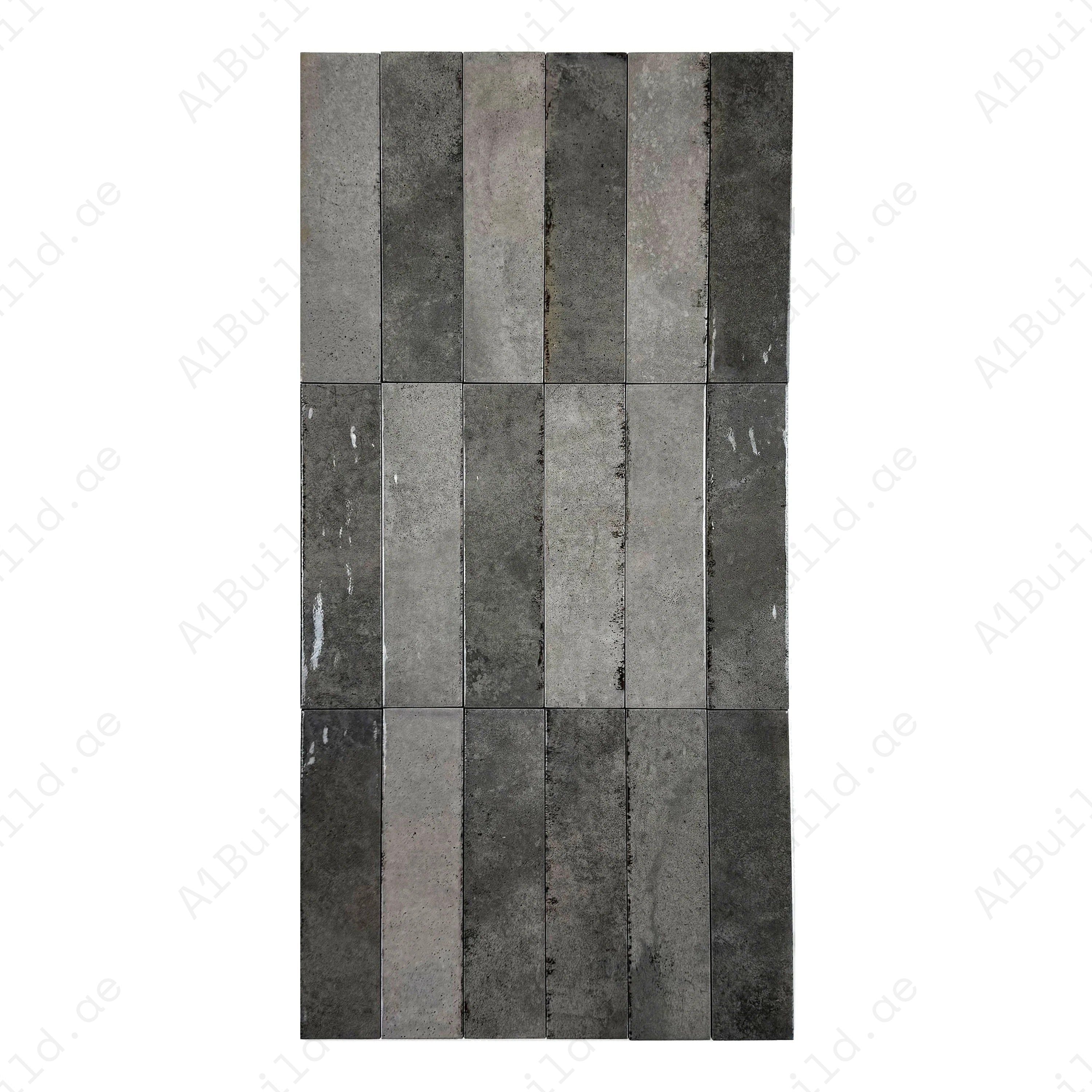 Grey Mixed Glossy Porcelain Tiles – 75x300mm long-strip design, scratch and mold-resistant. Perfect for kitchens, bathrooms, floors, walls and modern interiors.