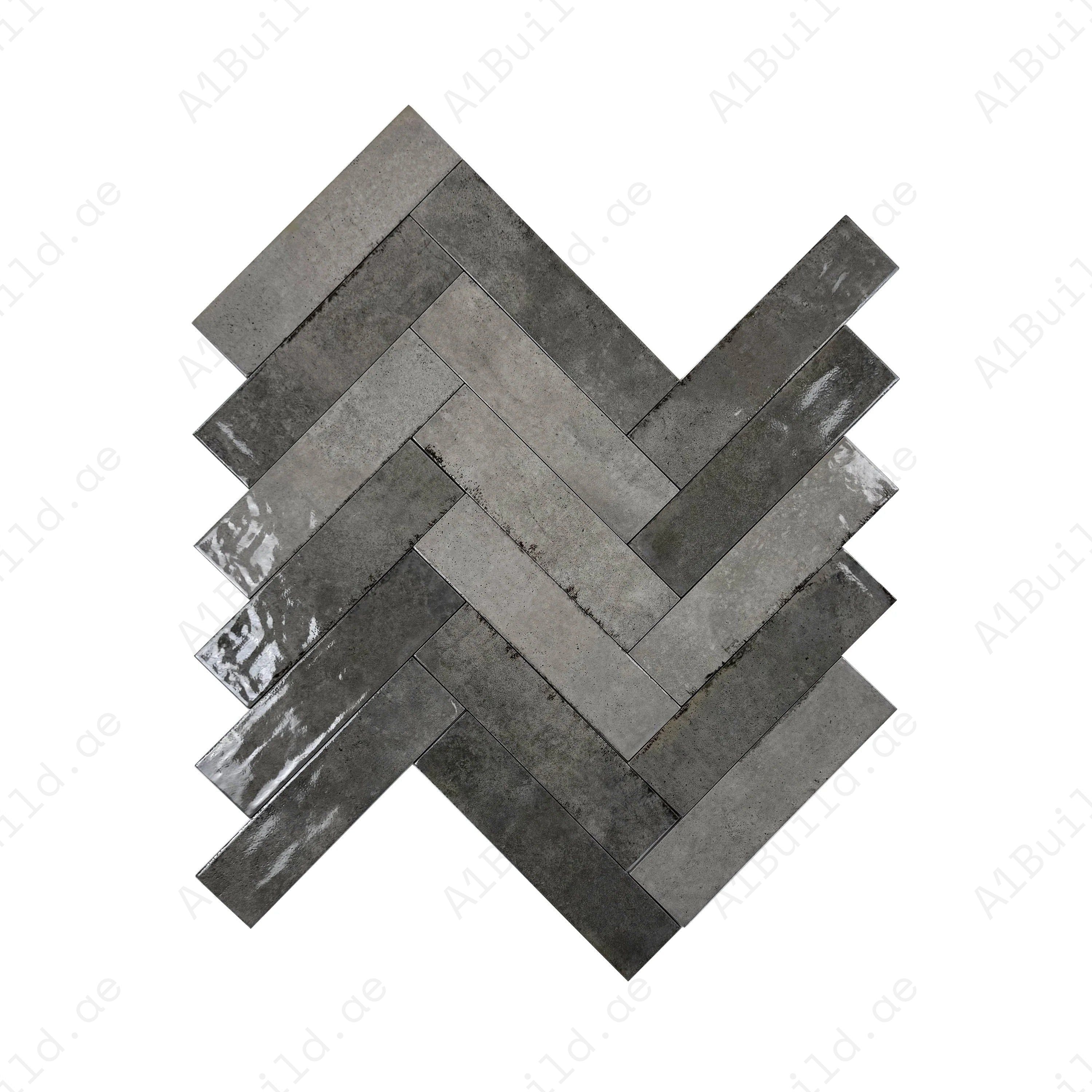 Grey Mixed Glossy Porcelain Tiles – 75x300mm long-strip design, scratch and mold-resistant. Perfect for kitchens, bathrooms, floors, walls and modern interiors.