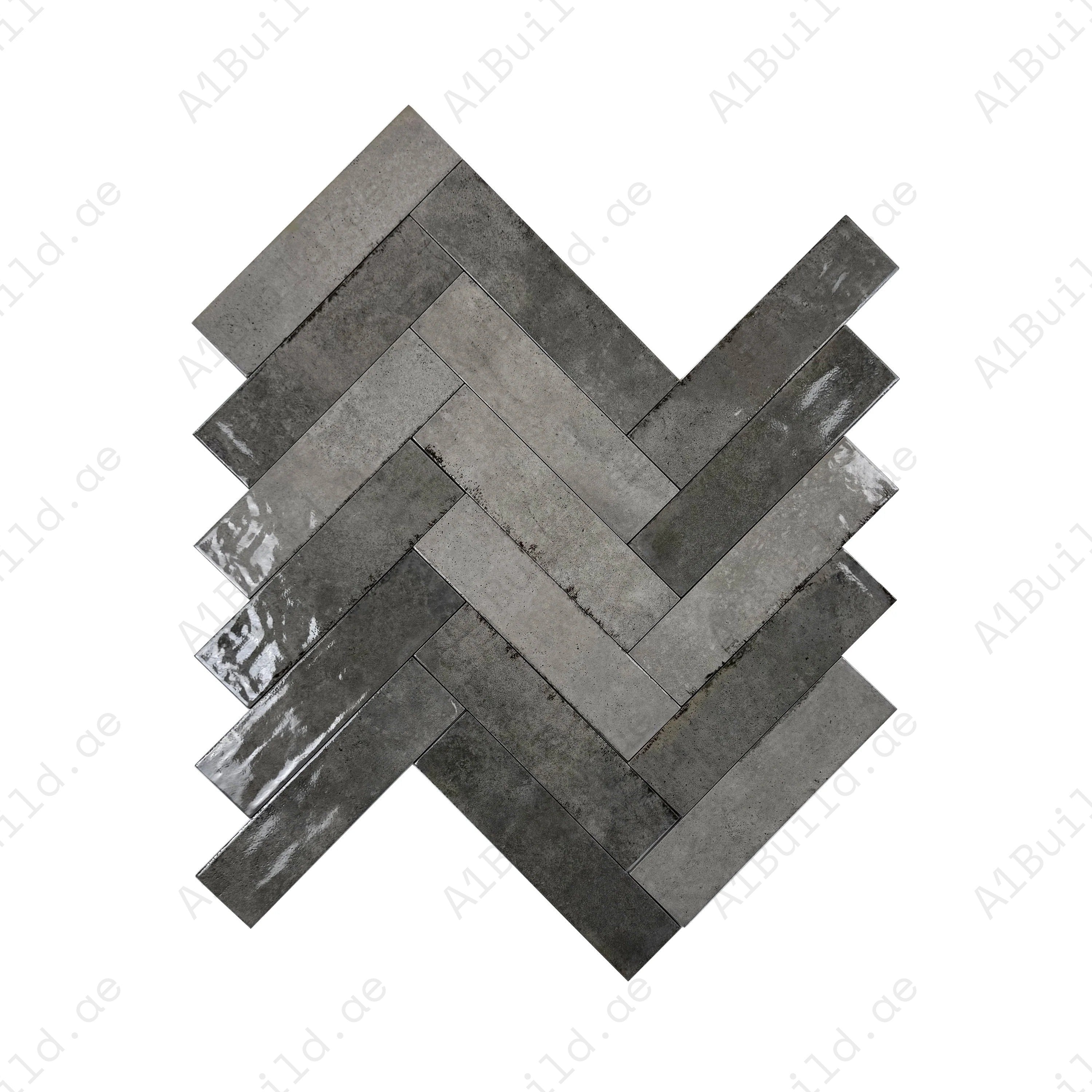 Grey Mixed Glossy Porcelain Tiles – 75x300mm long-strip design, scratch and mold-resistant. Perfect for kitchens, bathrooms, floors, walls and modern interiors.