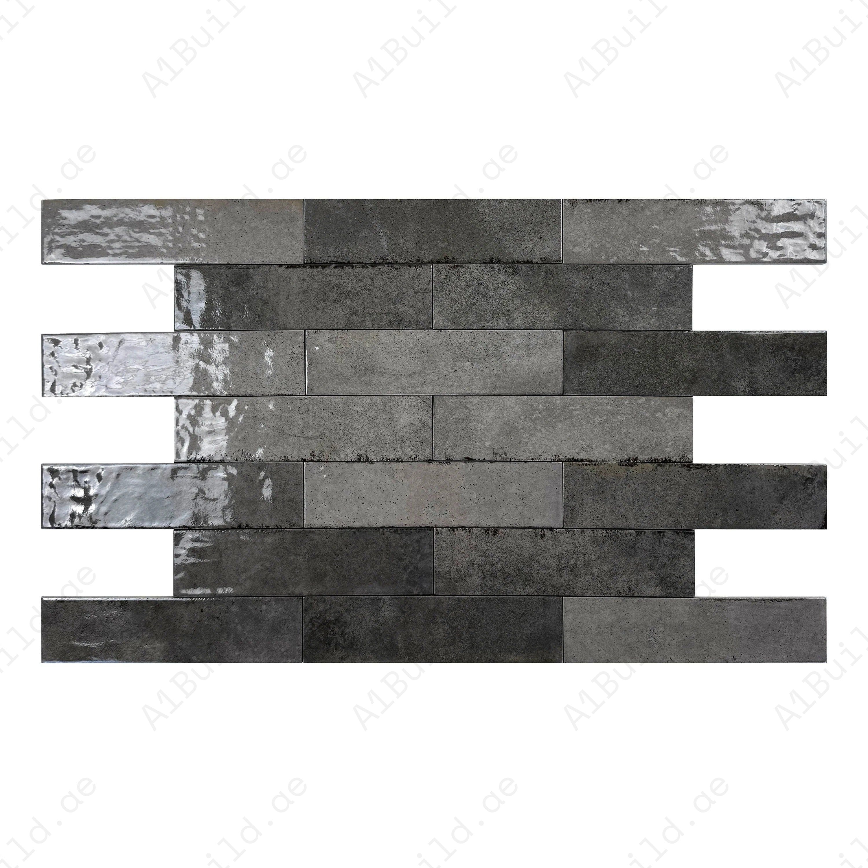 Grey Mixed Glossy Porcelain Tiles – 75x300mm long-strip design, scratch and mold-resistant. Perfect for kitchens, bathrooms, floors, walls and modern interiors.