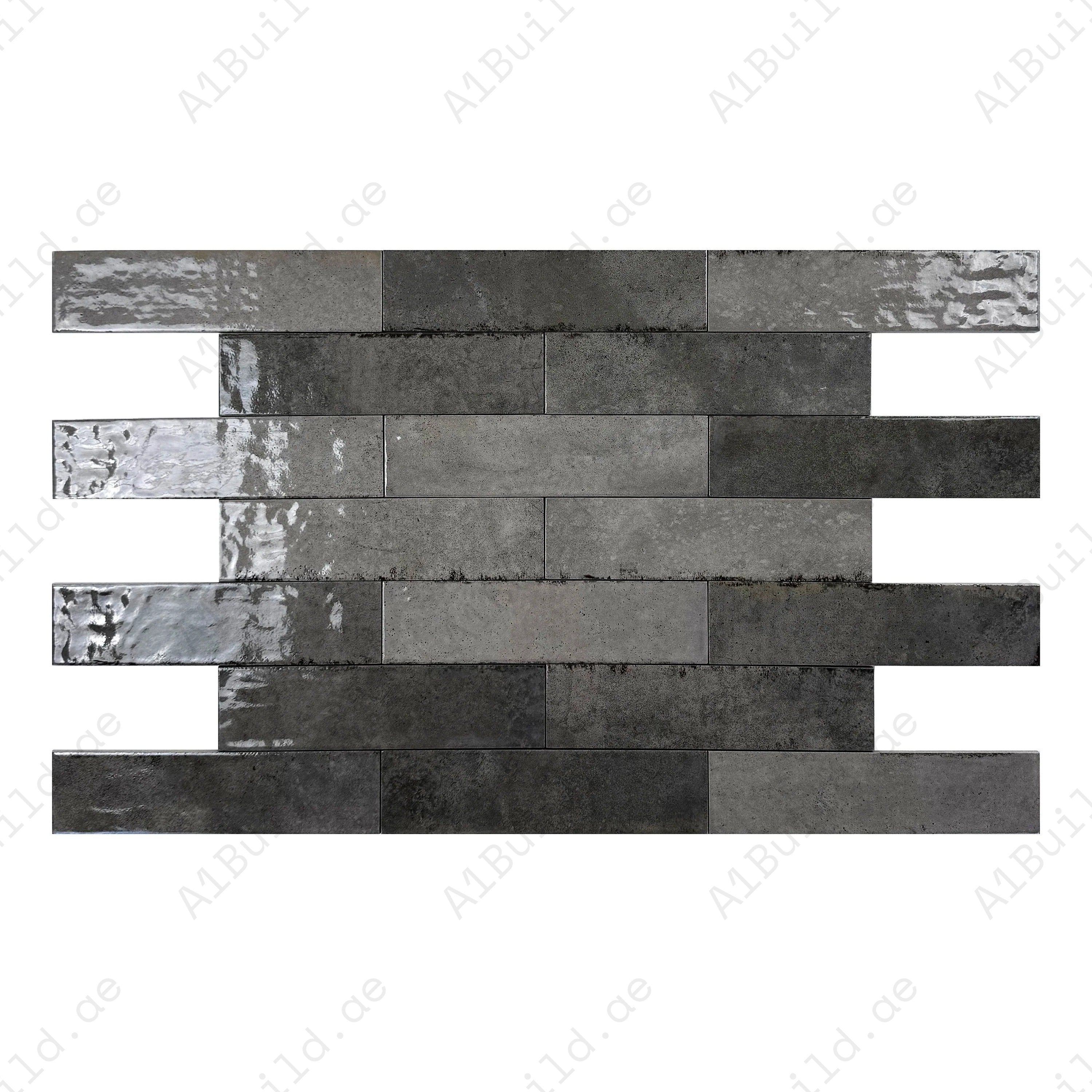 Grey Mixed Glossy Porcelain Tiles – 75x300mm long-strip design, scratch and mold-resistant. Perfect for kitchens, bathrooms, floors, walls and modern interiors.