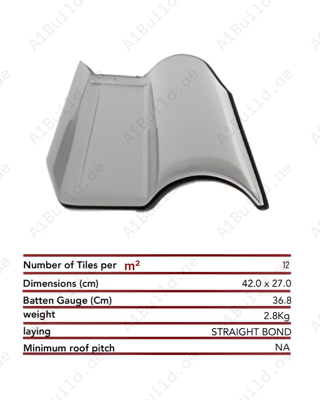 Grey curved ceramic roof tile 42×27 cm, 2.8kg. 12 tiles/m². Modern sleek finish, strong weatherproof ceramic design.