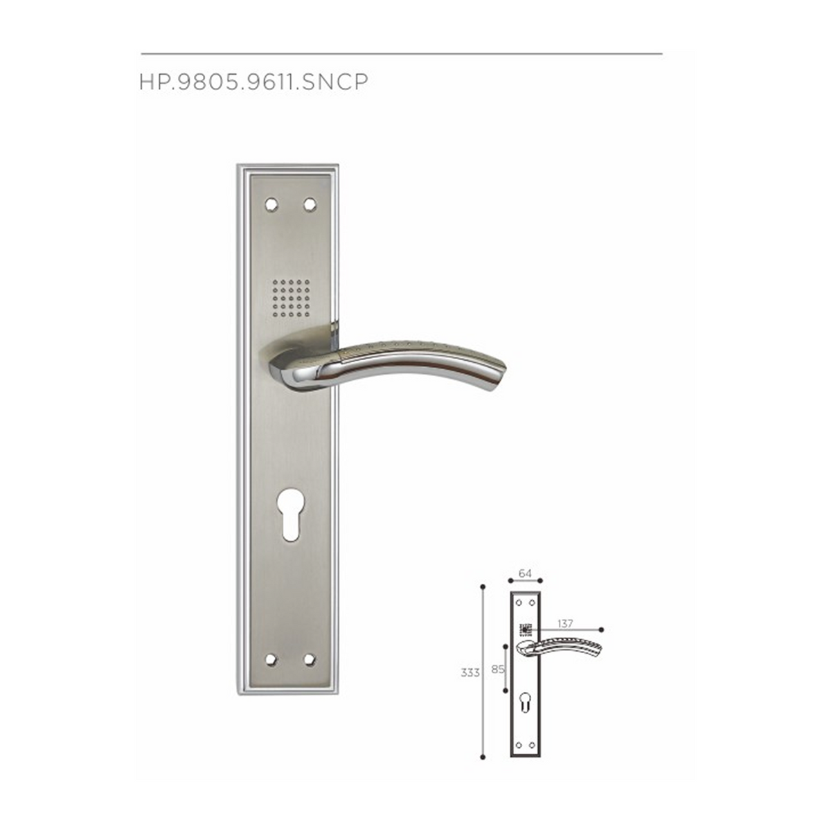 HP.9805.9611 premium Zinc Alloy door lock with Satin Nickel Chrome Plated finish. Designed for elegant interiors, smooth operation, and reliable everyday performance.