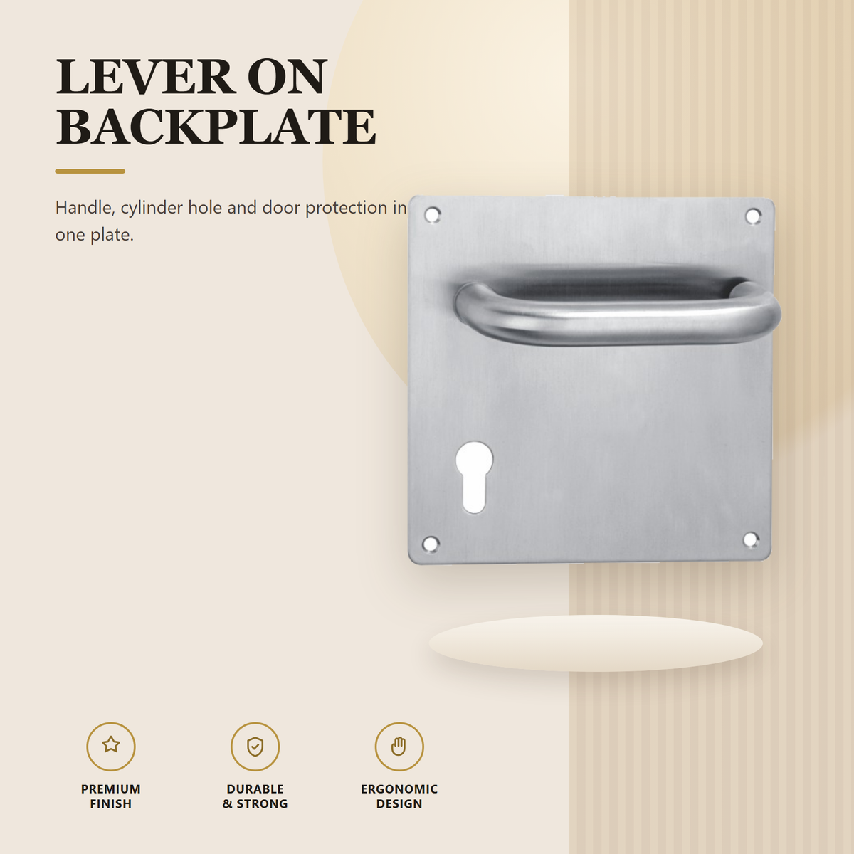 HP.SB100C.SS premium stainless steel lever on backplate from the Stainless Steel Door Handle Series. 170 mm square backplate with a 60 mm lever and 72 or 85 mm centres. Built for smooth, reliable everyday use.