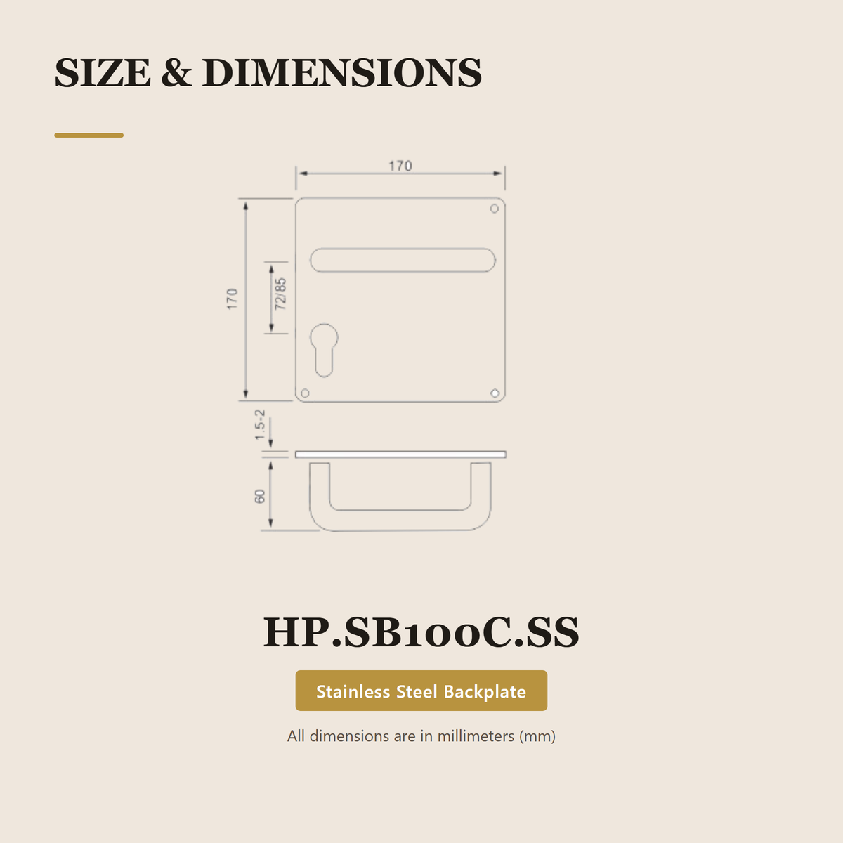 HP.SB100C.SS premium stainless steel lever on backplate from the Stainless Steel Door Handle Series. 170 mm square backplate with a 60 mm lever and 72 or 85 mm centres. Built for smooth, reliable everyday use.