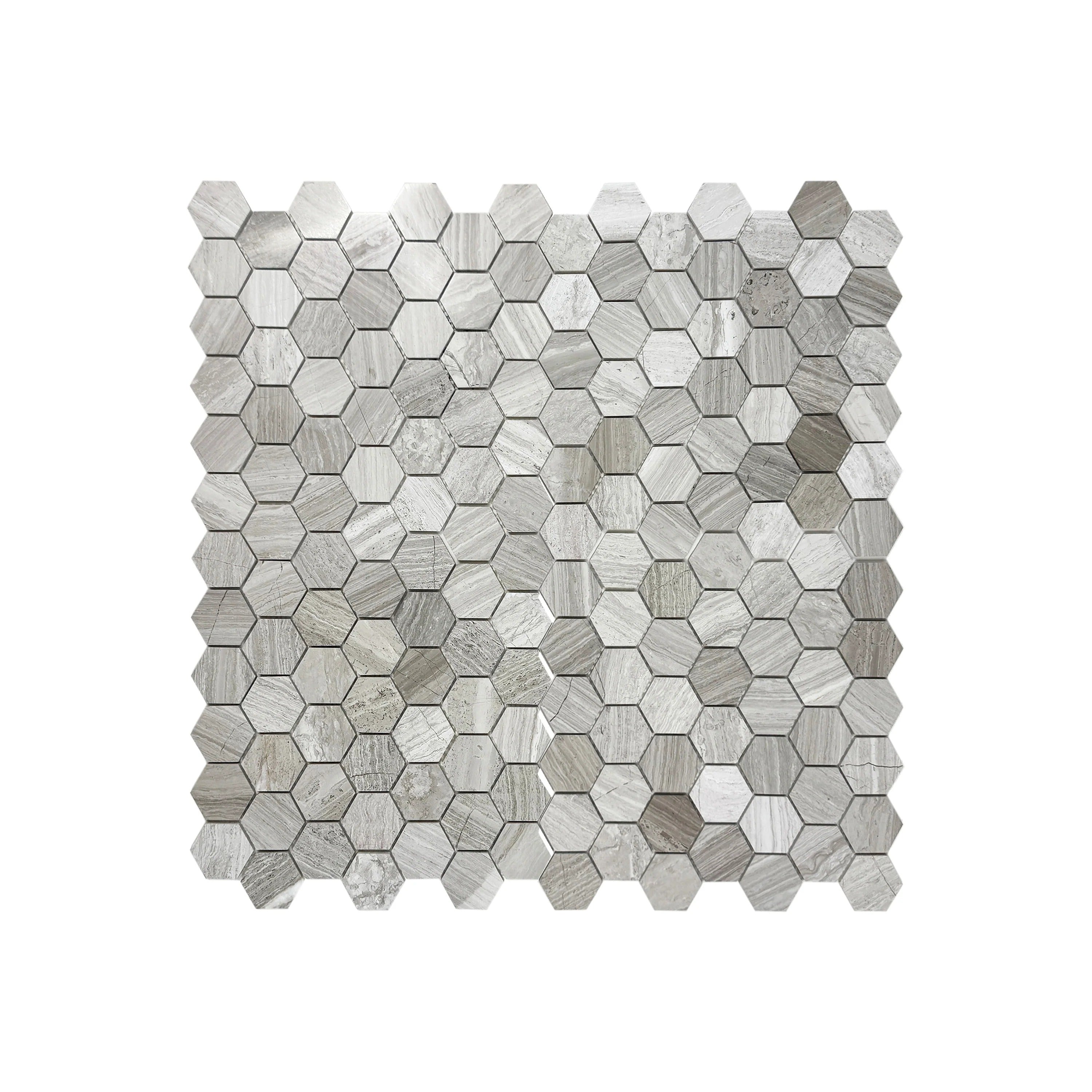 Hexaluxe White Wood Vein Polished Hexagon Marble Mosaic – 25x25mm tiles for walls, floors & backsplashes. Durable, elegant, perfect for modern interiors.