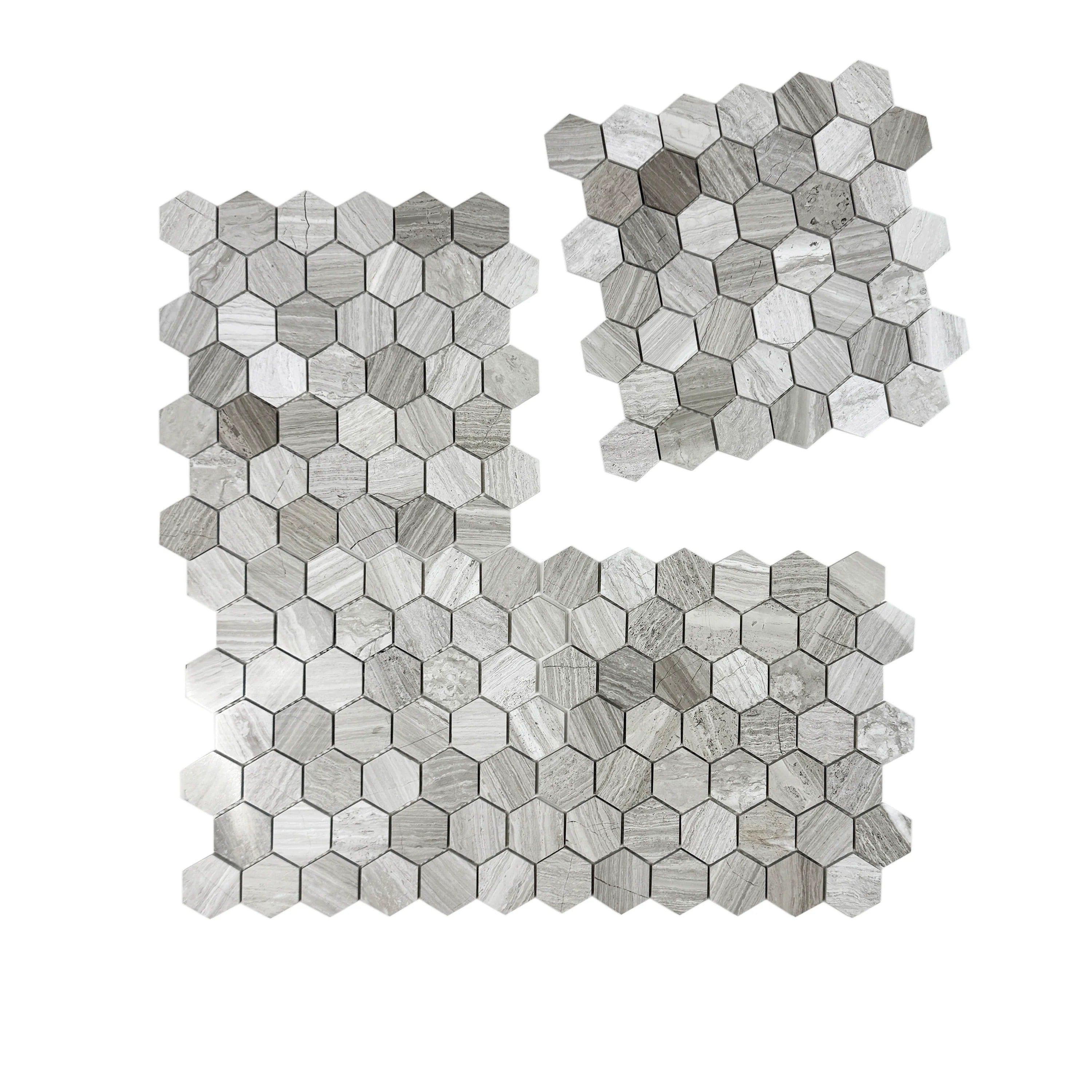 Hexaluxe White Wood Vein Polished Hexagon Marble Mosaic – 25x25mm tiles for walls, floors & backsplashes. Durable, elegant, perfect for modern interiors.