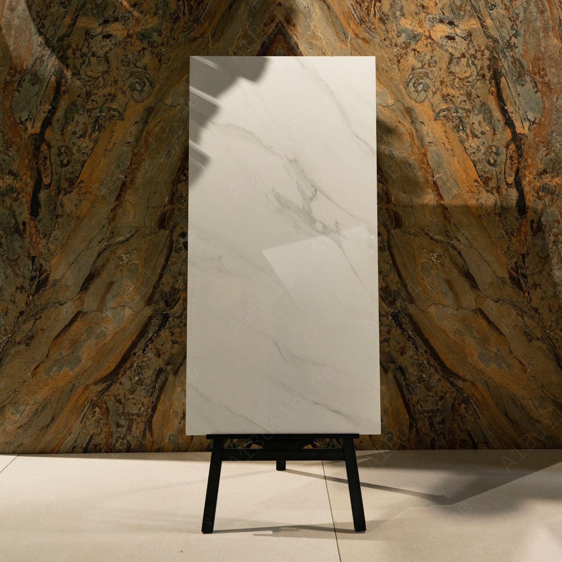 Imperial Shadow glossy marble porcelain tile 60x120cm with 9mm thickness features deep grey tones, bold veining and elegant polished finish.