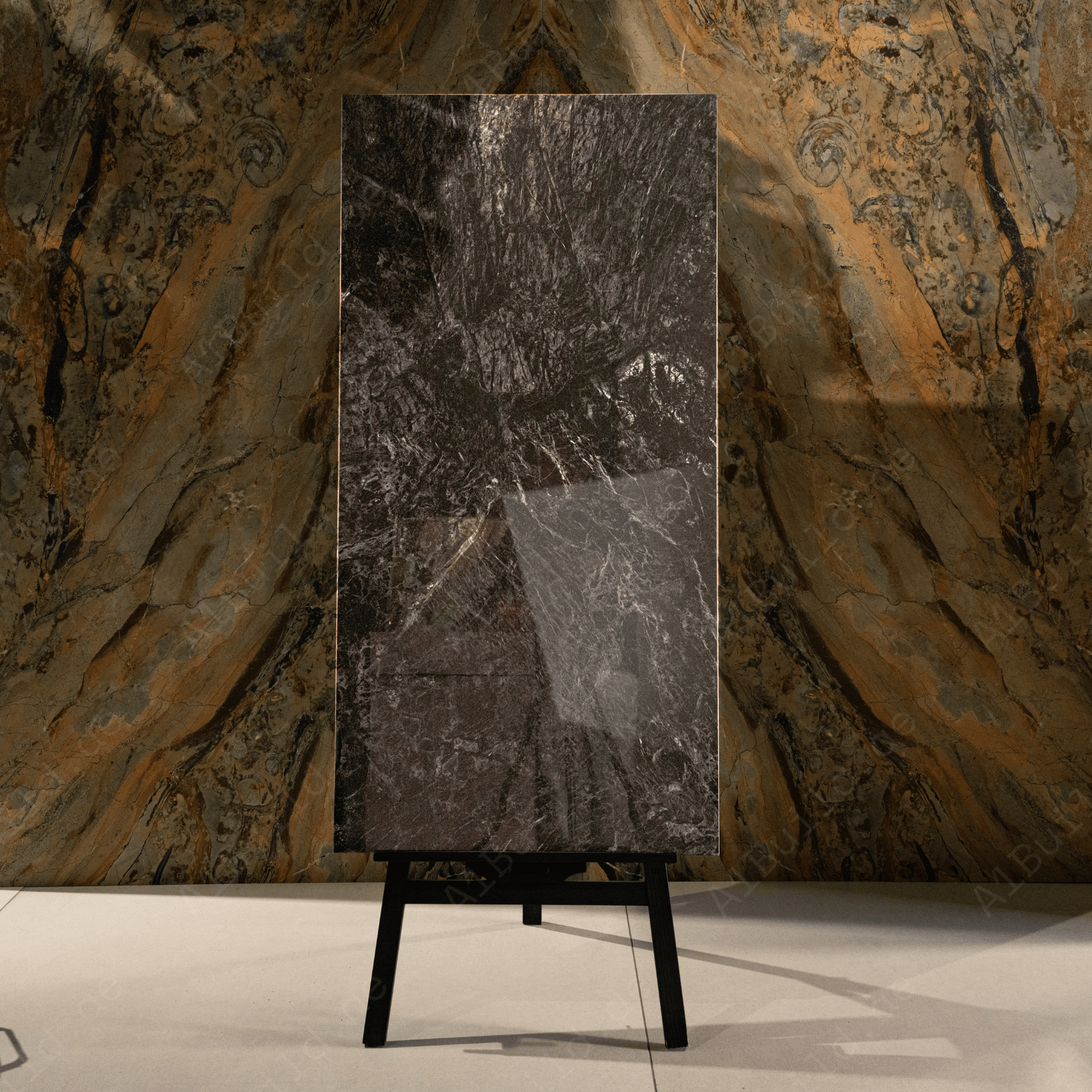 Irish Noir porcelain tile 60x120cm 9mm thickness, bold black marble look design, durable porcelain, ideal for luxury floors and walls.