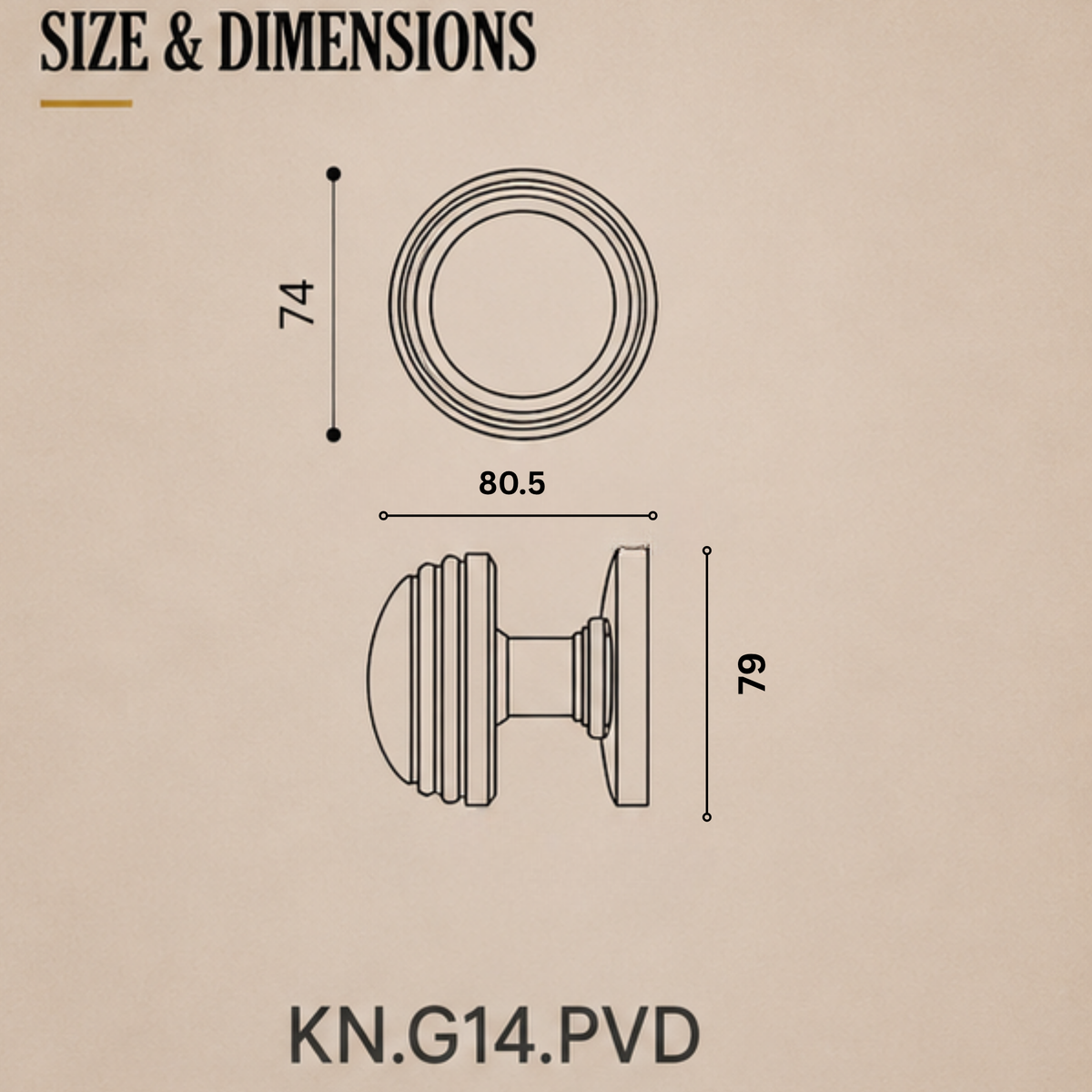 KN.G14.PVD premium ball lock door knob in PVD Gold. 74 mm knob, 80.5 mm projection and a 79 mm round rose. Designed for elegant interiors, comfortable grip and reliable everyday performance.