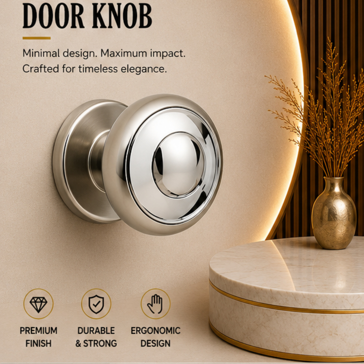KN.G15.SNCP premium ball lock door knob in Satin Nickel Chrome Plated. 74 mm knob, 70.5 mm projection and a 74 mm round rose. Designed for elegant interiors, comfortable grip and reliable everyday performance.