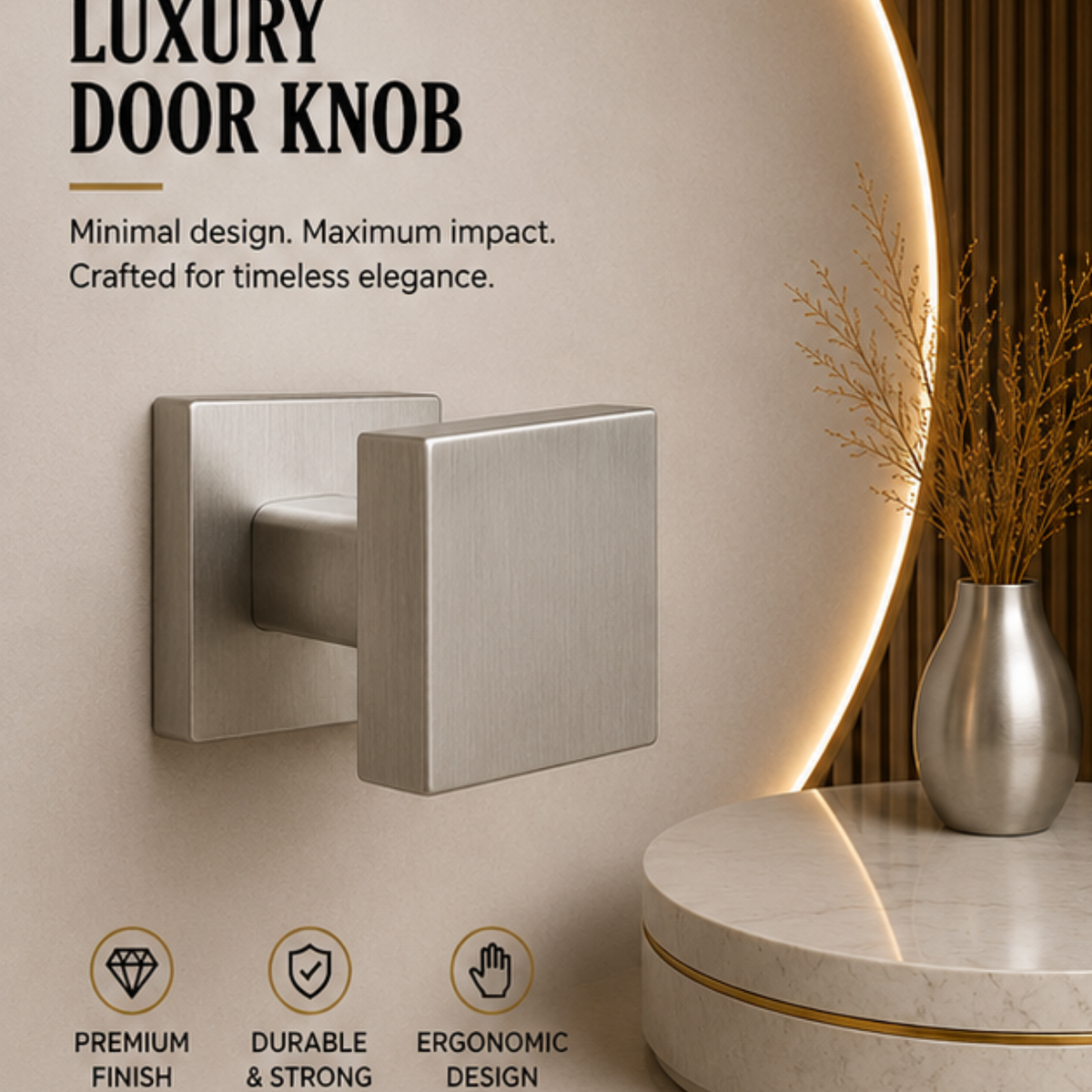 KN.G24.MSN premium ball lock door knob in Matt Satin Nickel. 55 mm knob, 60 mm projection and a 51 mm square rose. Designed for elegant interiors, comfortable grip and reliable everyday performance.