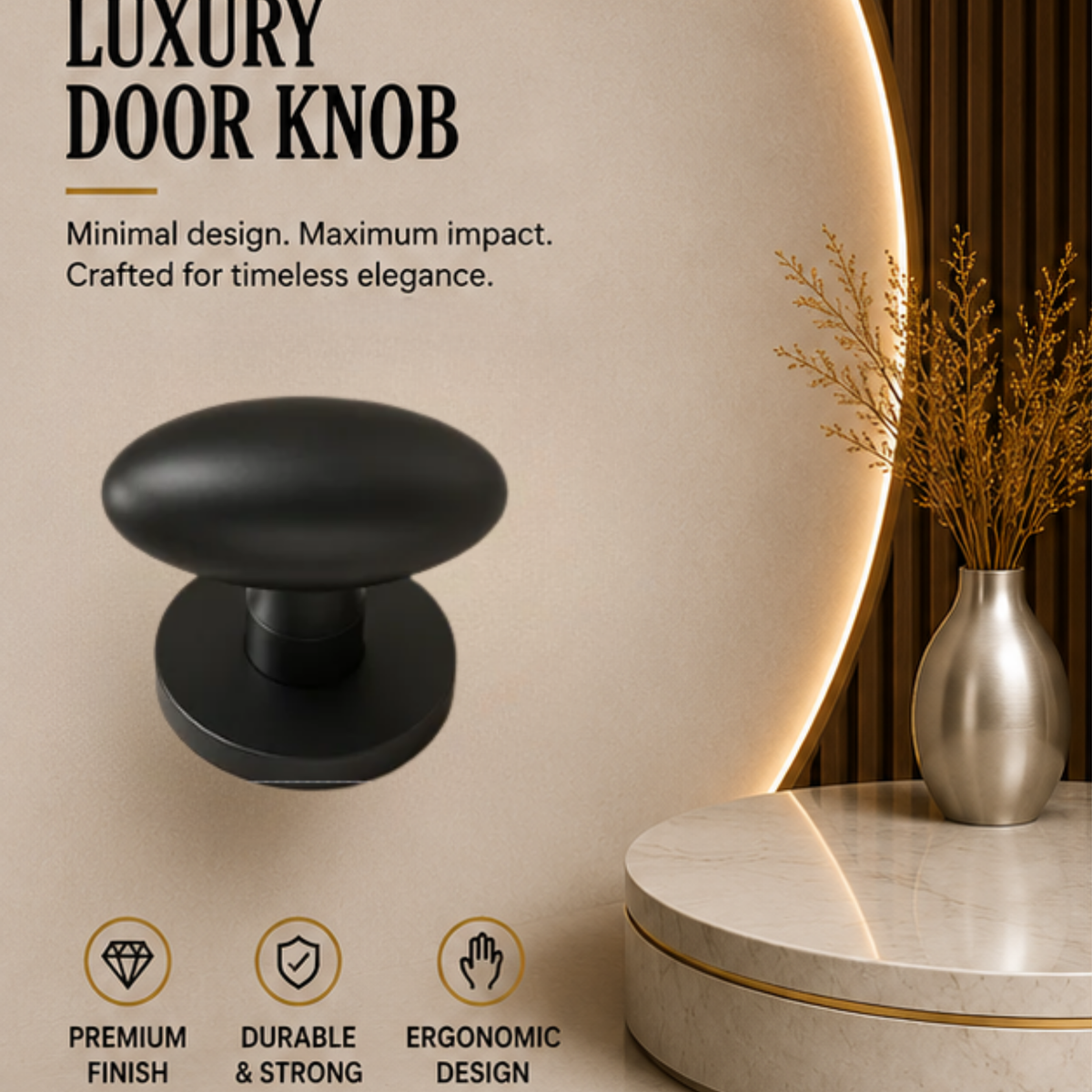 KN.G32.BLK premium ball lock door knob in Matt Black. 60 mm knob, 58 mm projection and a 54 mm round rose. Designed for elegant interiors, comfortable grip and reliable everyday performance.