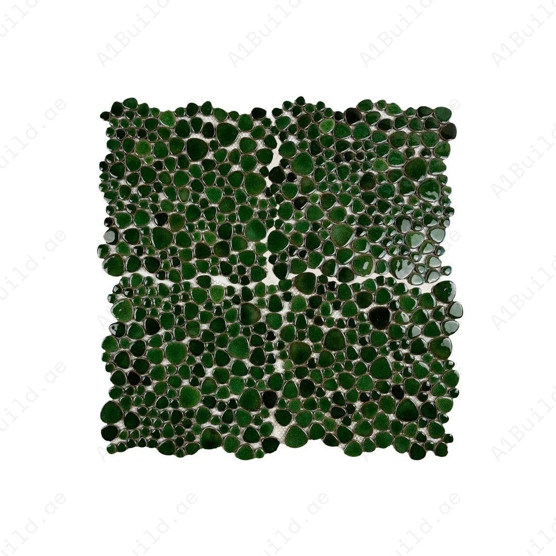 Kelly green round ice crack porcelain mosaic with a glossy finish. Ideal for bathrooms, kitchens, accent walls, and modern decorative interior designs.