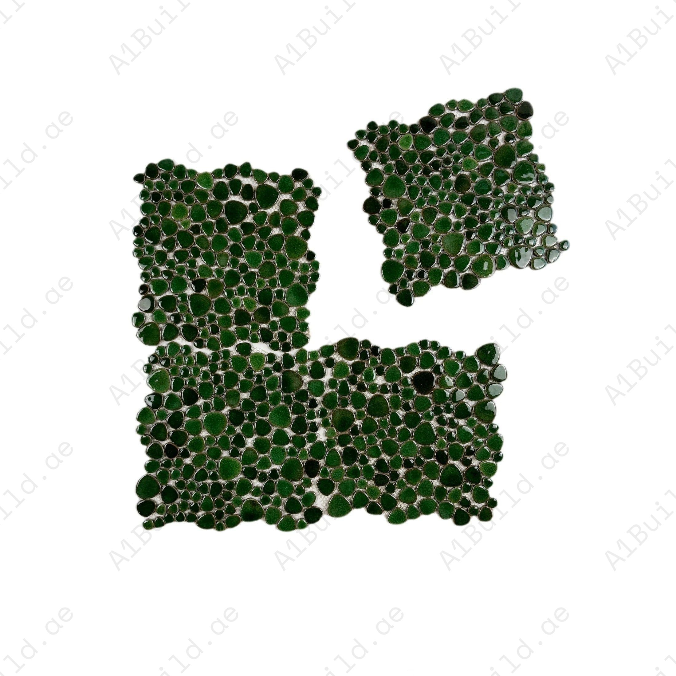 Kelly green round ice crack porcelain mosaic with a glossy finish. Ideal for bathrooms, kitchens, accent walls, and modern decorative interior designs.