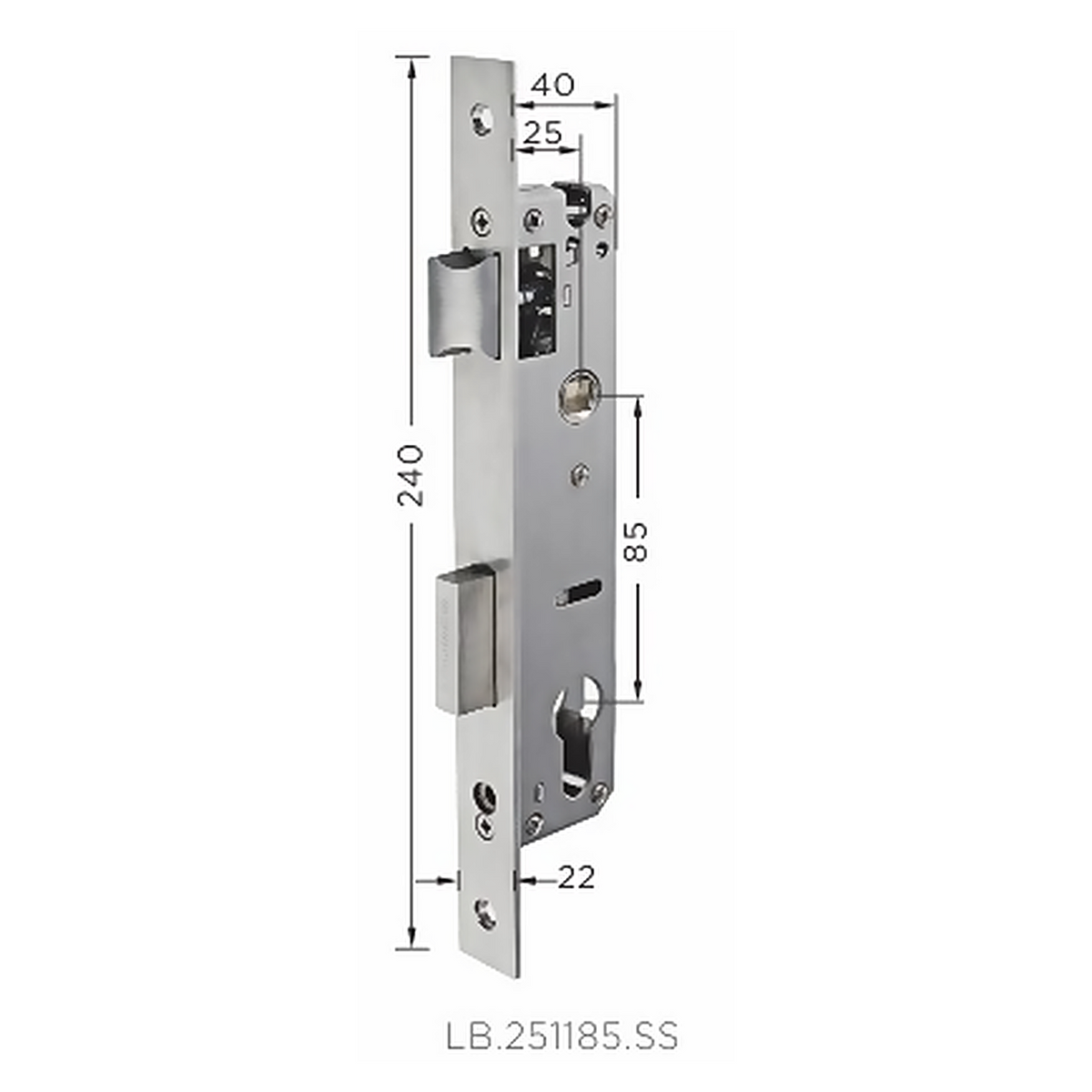 LB.251185.SS premium stainless steel mortise lock body with 25 mm backset, 85 mm centre distance and a 240 mm faceplate. Designed for smooth operation, secure latching and reliable everyday performance.