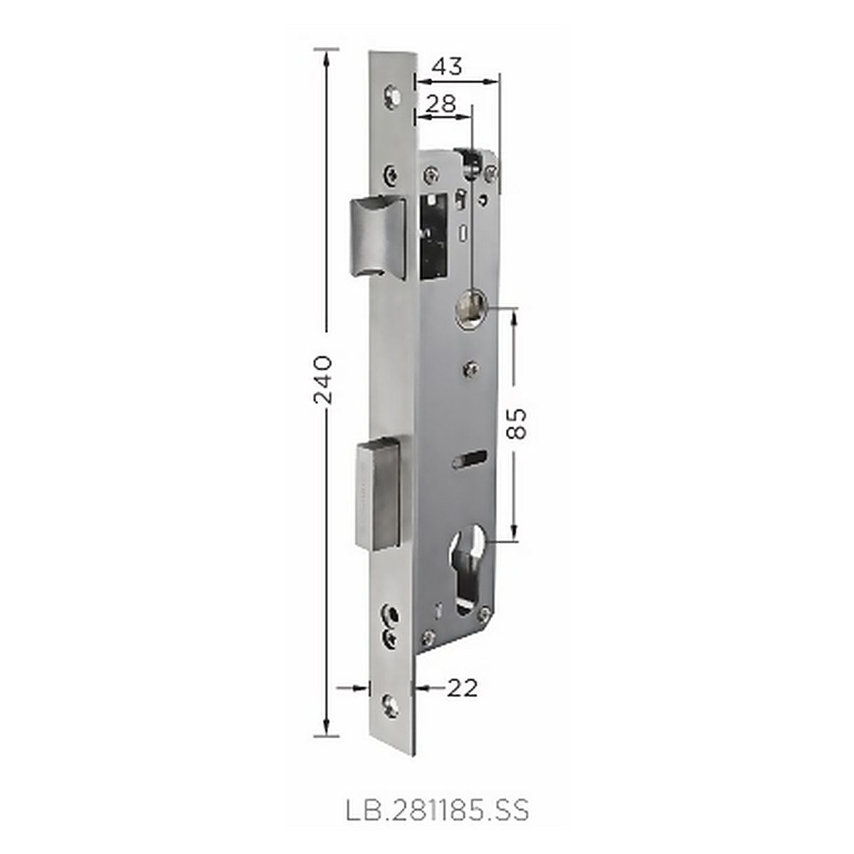 LB.281185.SS premium stainless steel mortise lock body with 28 mm backset, 85 mm centre distance and a 240 mm faceplate. Designed for smooth operation, secure latching and reliable everyday performance.