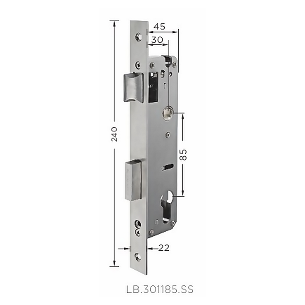 LB.301185.SS premium stainless steel mortise lock body with 30 mm backset, 85 mm centre distance and a 240 mm faceplate. Designed for smooth operation, secure latching and reliable everyday performance.