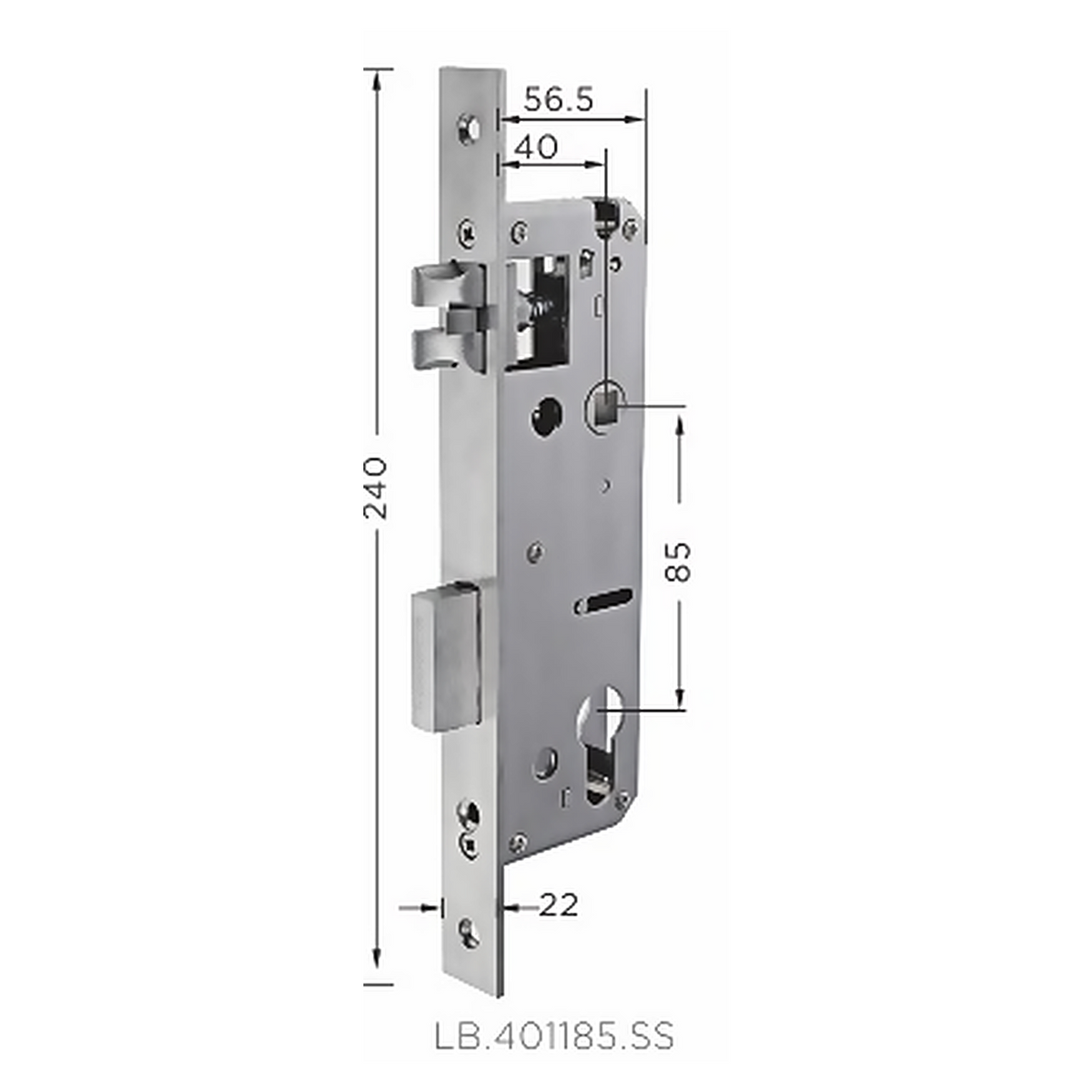 LB.401185.SS premium stainless steel mortise lock body with 40 mm backset, 85 mm centre distance and a 240 mm faceplate. Designed for smooth operation, secure latching and reliable everyday performance.