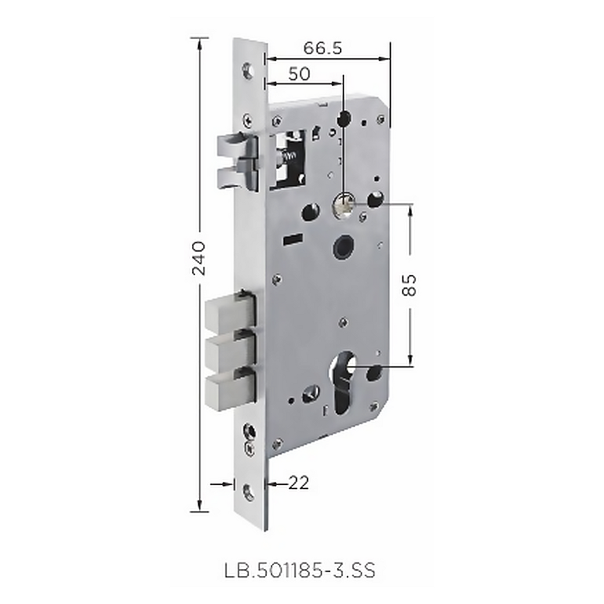 LB.501185-3.SS premium stainless steel mortise lock body with 50 mm backset, 85 mm centre distance and a 240 mm faceplate. Designed for smooth operation, secure latching and reliable everyday performance.