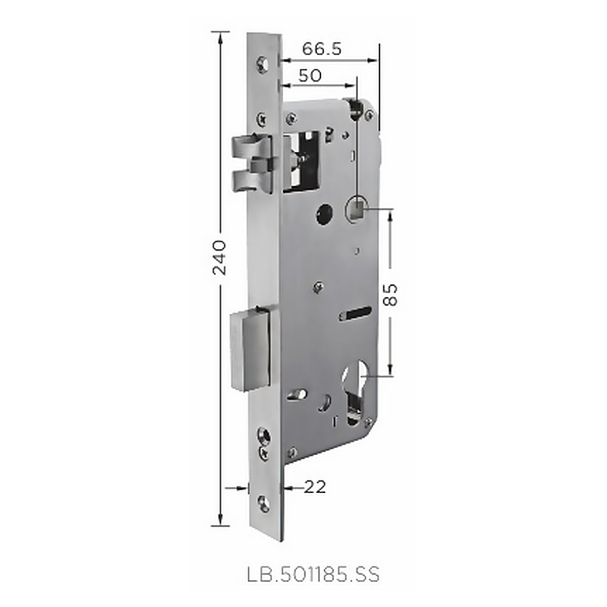 LB.501185.SS premium stainless steel mortise lock body with 50 mm backset, 85 mm centre distance and a 240 mm faceplate. Designed for smooth operation, secure latching and reliable everyday performance.