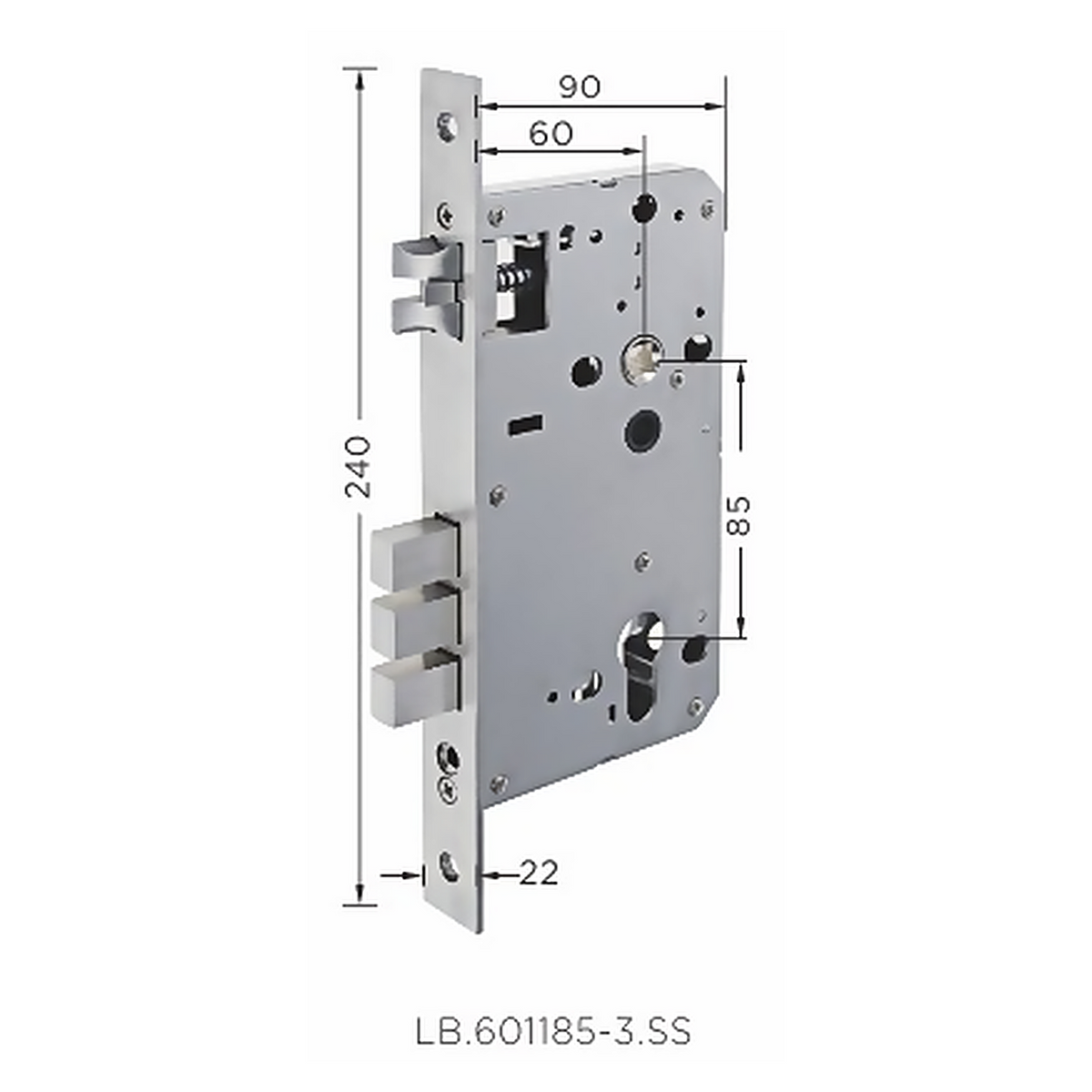 LB.601185-3.SS premium stainless steel mortise lock body with 60 mm backset, 85 mm centre distance and a 240 mm faceplate. Designed for smooth operation, secure latching and reliable everyday performance.