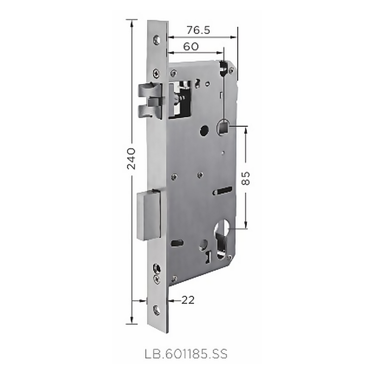 LB.601185.SS premium stainless steel mortise lock body with 60 mm backset, 85 mm centre distance and a 240 mm faceplate. Designed for smooth operation, secure latching and reliable everyday performance.