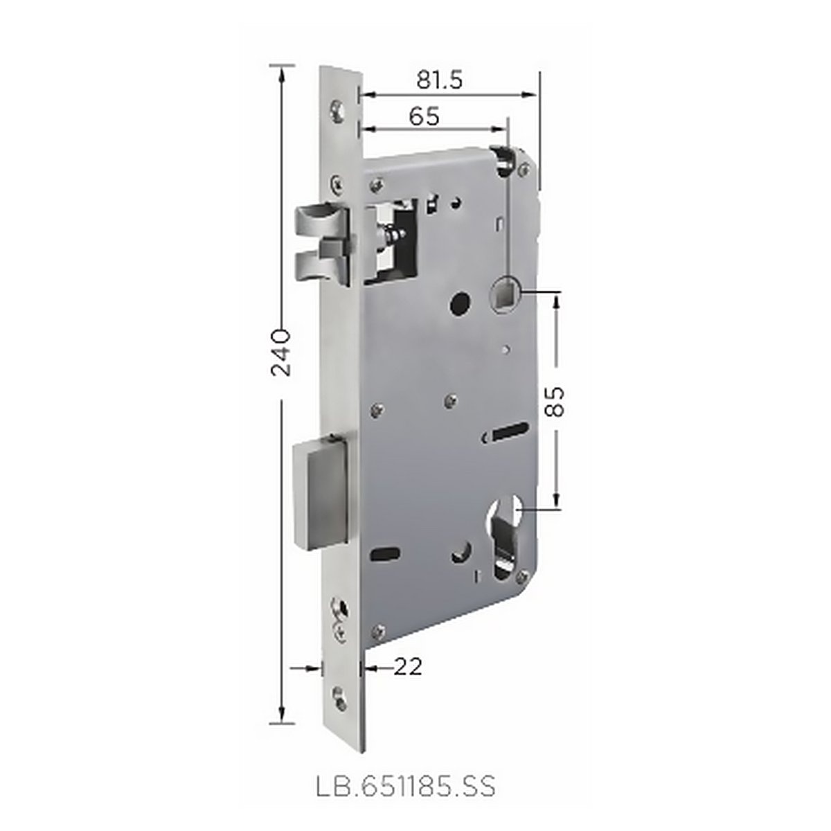 LB.651185.SS premium stainless steel mortise lock body with 65 mm backset, 85 mm centre distance and a 240 mm faceplate. Designed for smooth operation, secure latching and reliable everyday performance.