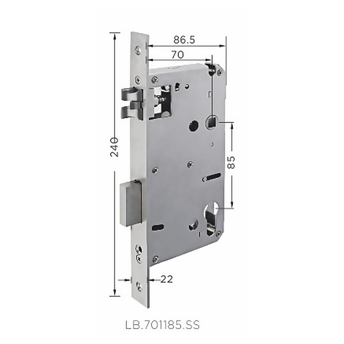 LB.701185.SS premium stainless steel mortise lock body with 70 mm backset, 85 mm centre distance and a 240 mm faceplate. Designed for smooth operation, secure latching and reliable everyday performance.