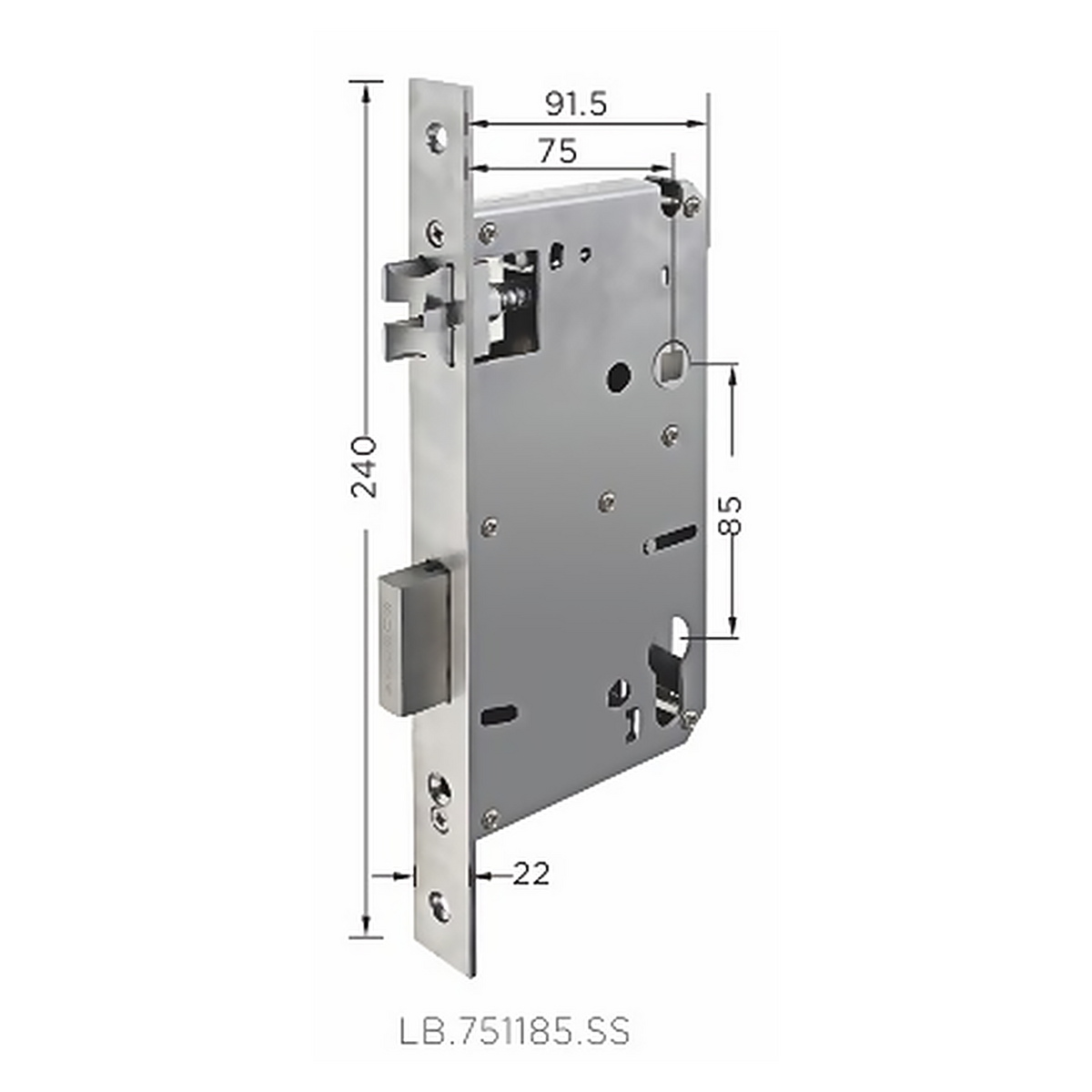 LB.751185.SS premium stainless steel mortise lock body with 75 mm backset, 85 mm centre distance and a 240 mm faceplate. Designed for smooth operation, secure latching and reliable everyday performance.