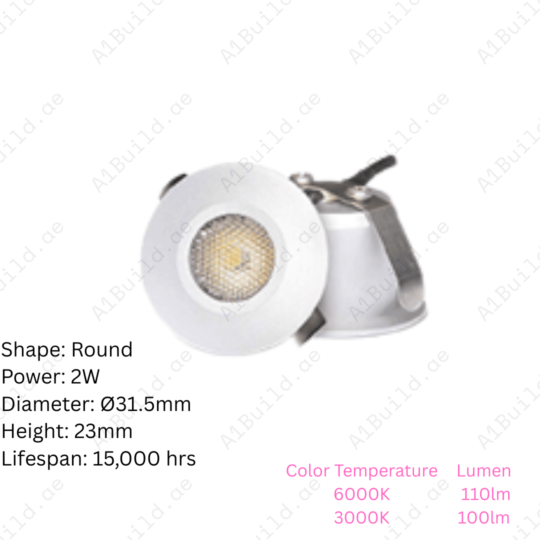 Energy-saving 2W LED Spotlight with 6000K (110lm) & 3000K (100lm). Compact Ø31.5xH23mm size, 15,000hrs lifespan, CRI >80, ideal for modern indoor lighting.