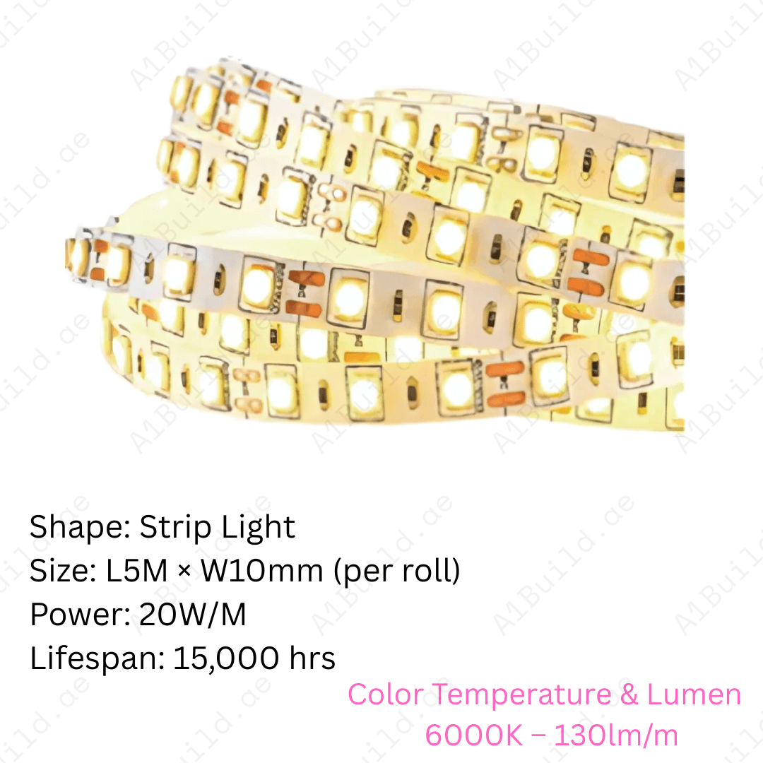 20W/M LED Strip Light with 6000K cool white glow. 5M roll, 240 LEDs/M, DC 12V input, 120° beam angle, 15,000hrs lifespan & IP20 indoor use.