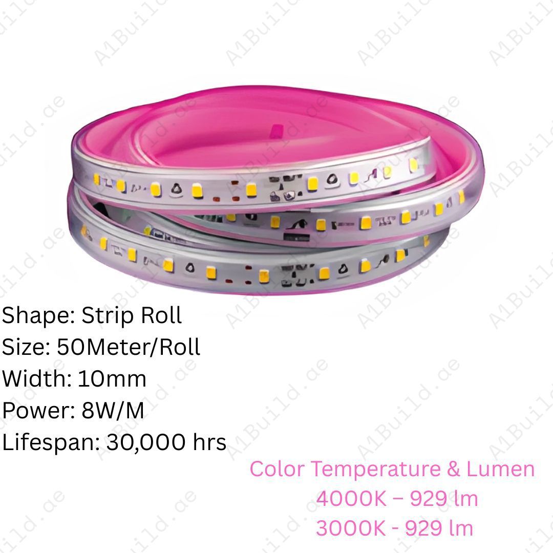 Shop LED Strips Light 220V 8W/M with SMD 2835, IP65 waterproof design. Long lifespan 30,000 hrs, 929 lm brightness, available in 3000K & 4000K, 50M roll.