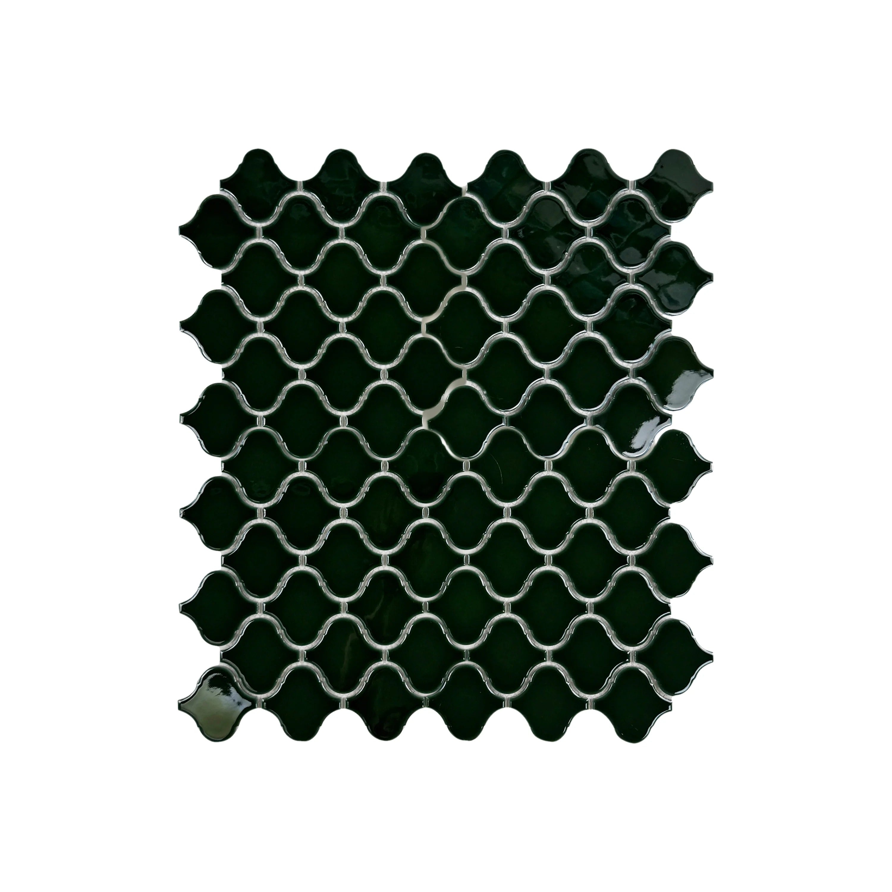 Lantern-inspired emerald green glossy porcelain mosaic. Perfect for walls, backsplashes, and interiors, offering vibrant color, durability, and easy upkeep.