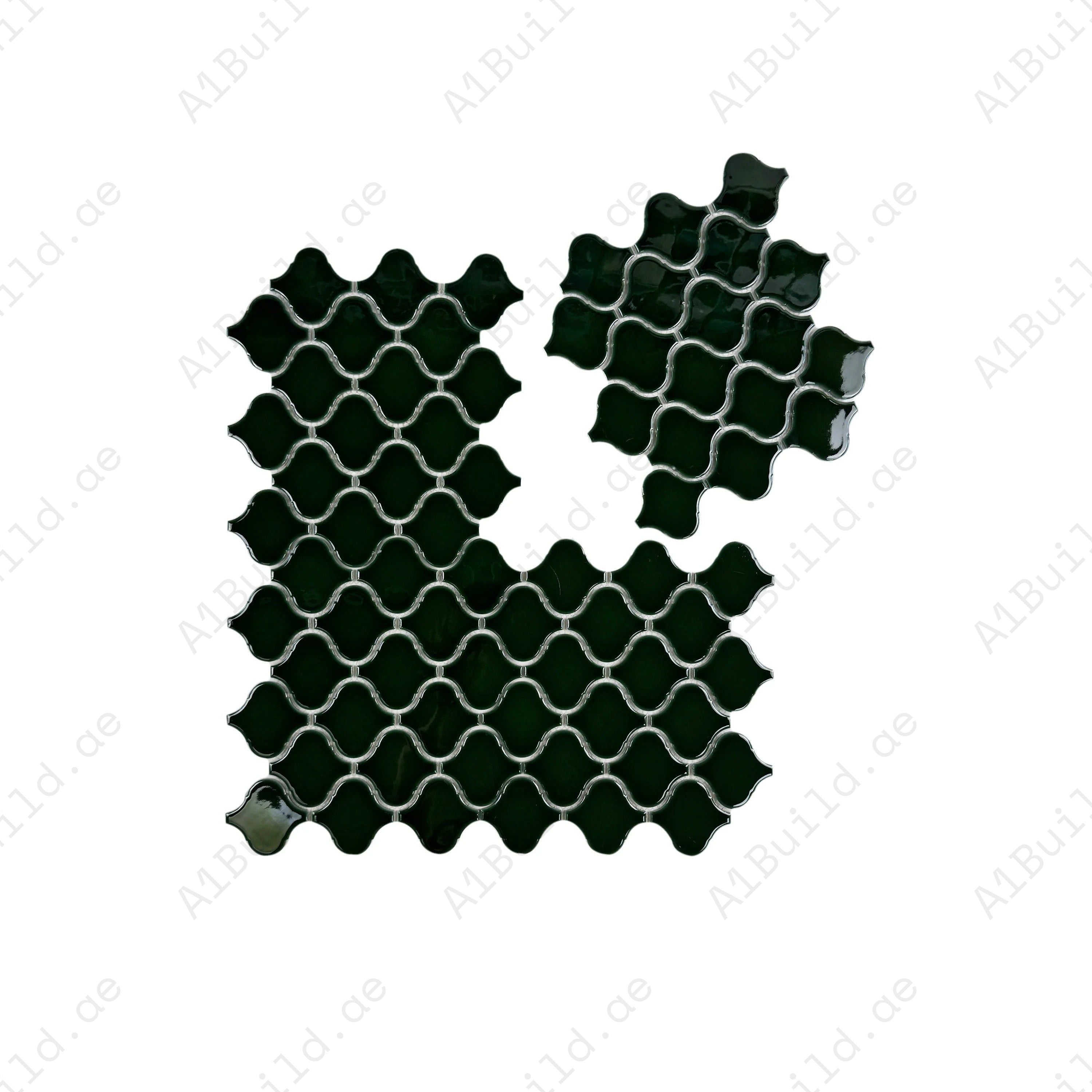 Lantern-inspired emerald green glossy porcelain mosaic. Perfect for walls, backsplashes, and interiors, offering vibrant color, durability, and easy upkeep.