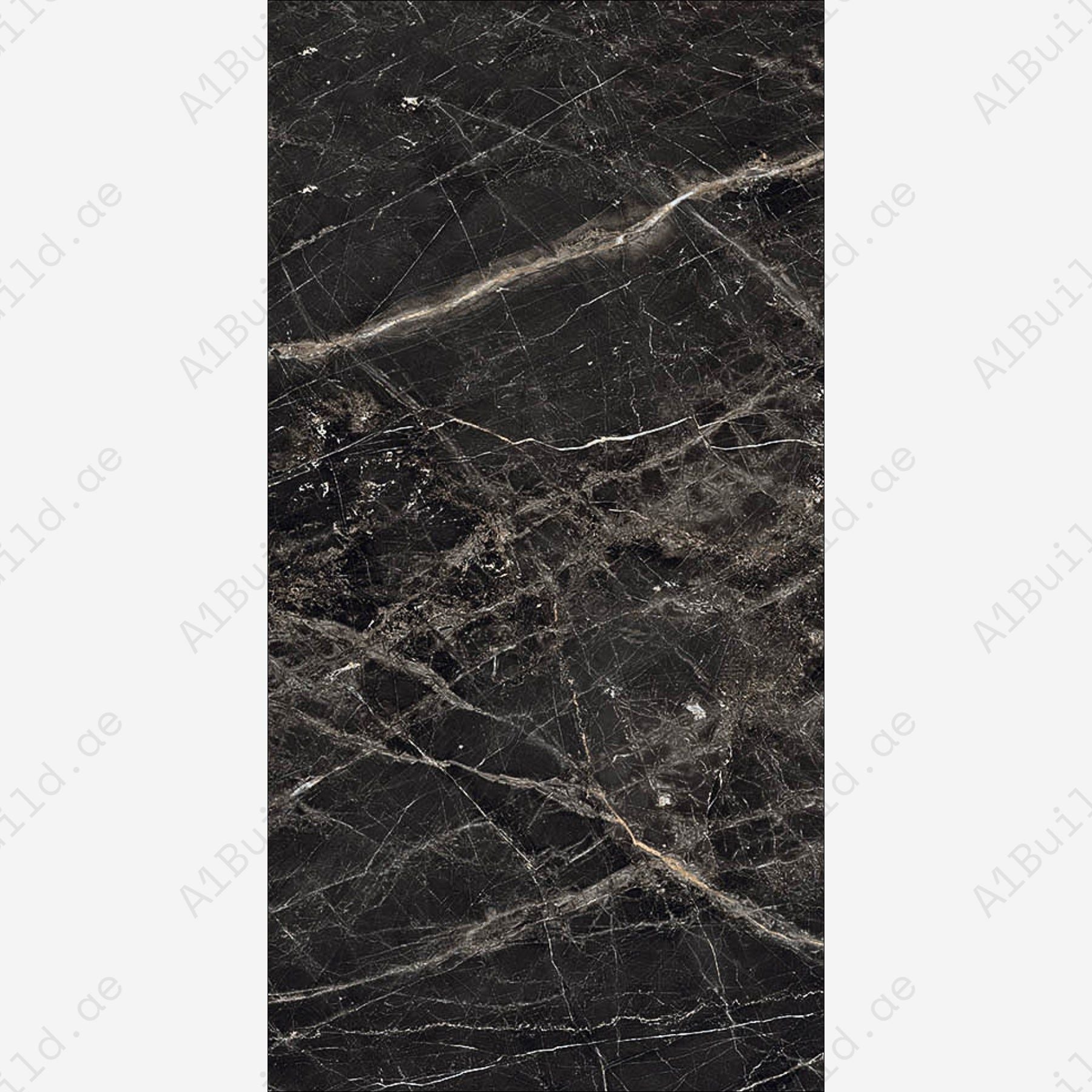 Laurent Black 80x160cm high glossy porcelain tile, 09mm thick with bold golden veining. Luxurious, durable, and perfect for modern statement interiors.