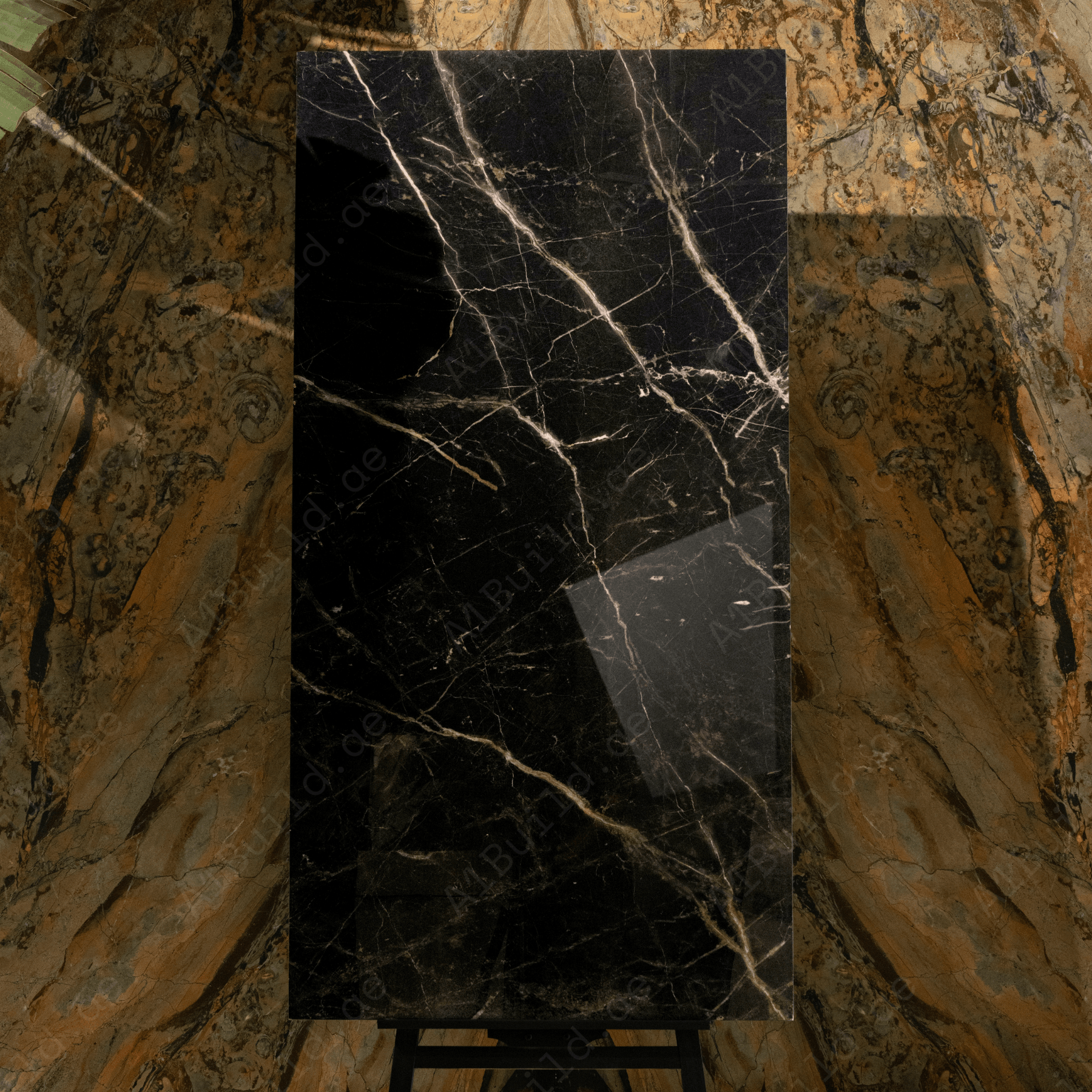 Laurent Black 80x160cm high glossy porcelain tile, 09mm thick with bold golden veining. Luxurious, durable, and perfect for modern statement interiors.