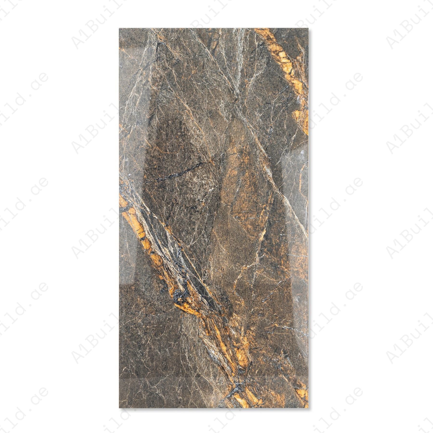 Lava Brown glossy porcelain tile 60x120cm with 9mm thickness features rich brown tones, natural stone texture and elegant polished finish.