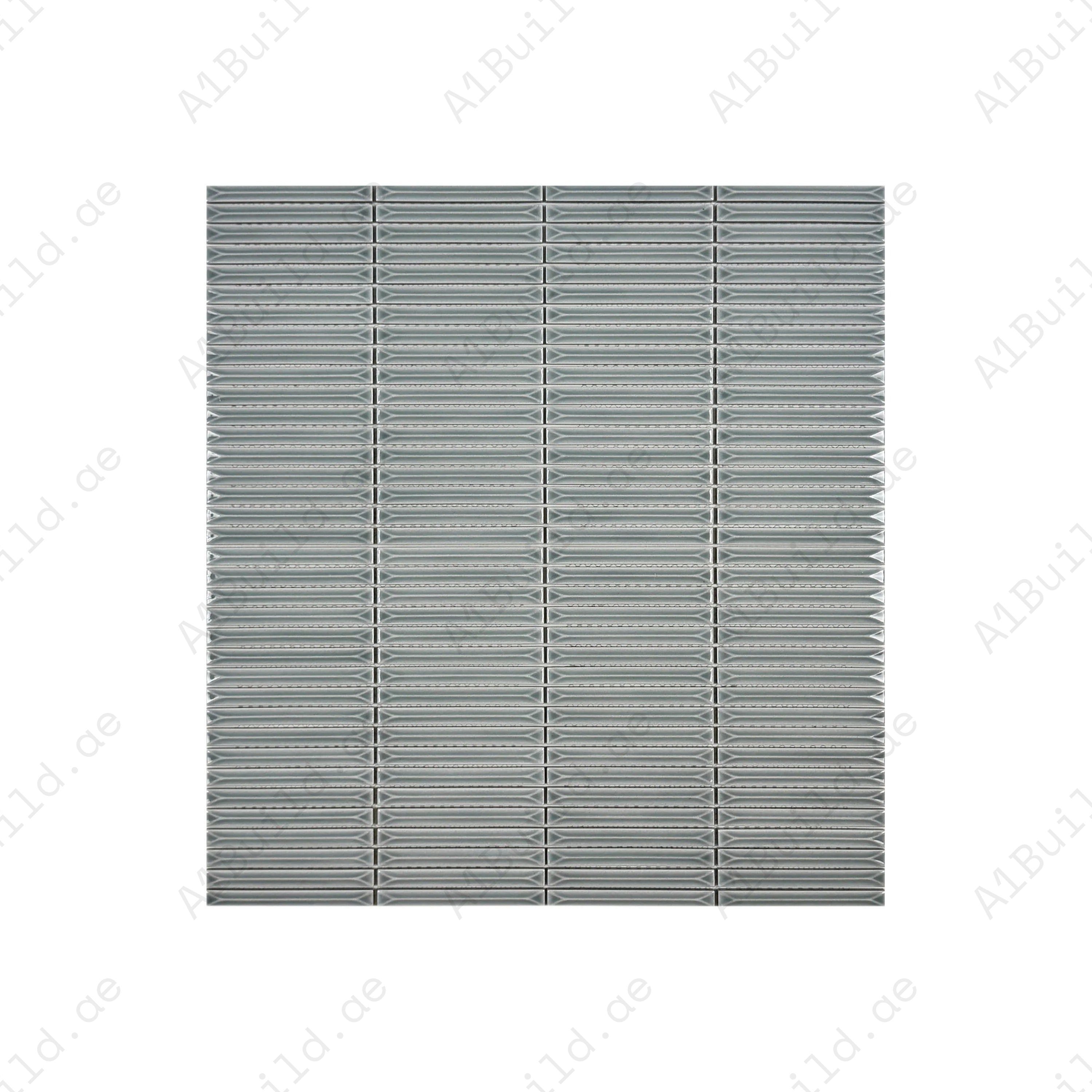 Lava Grey glossy porcelain mosaic with elegant beveled elongated design. Durable, waterproof, and stain-resistant; ideal for kitchens, bathrooms, walls & backsplashes.