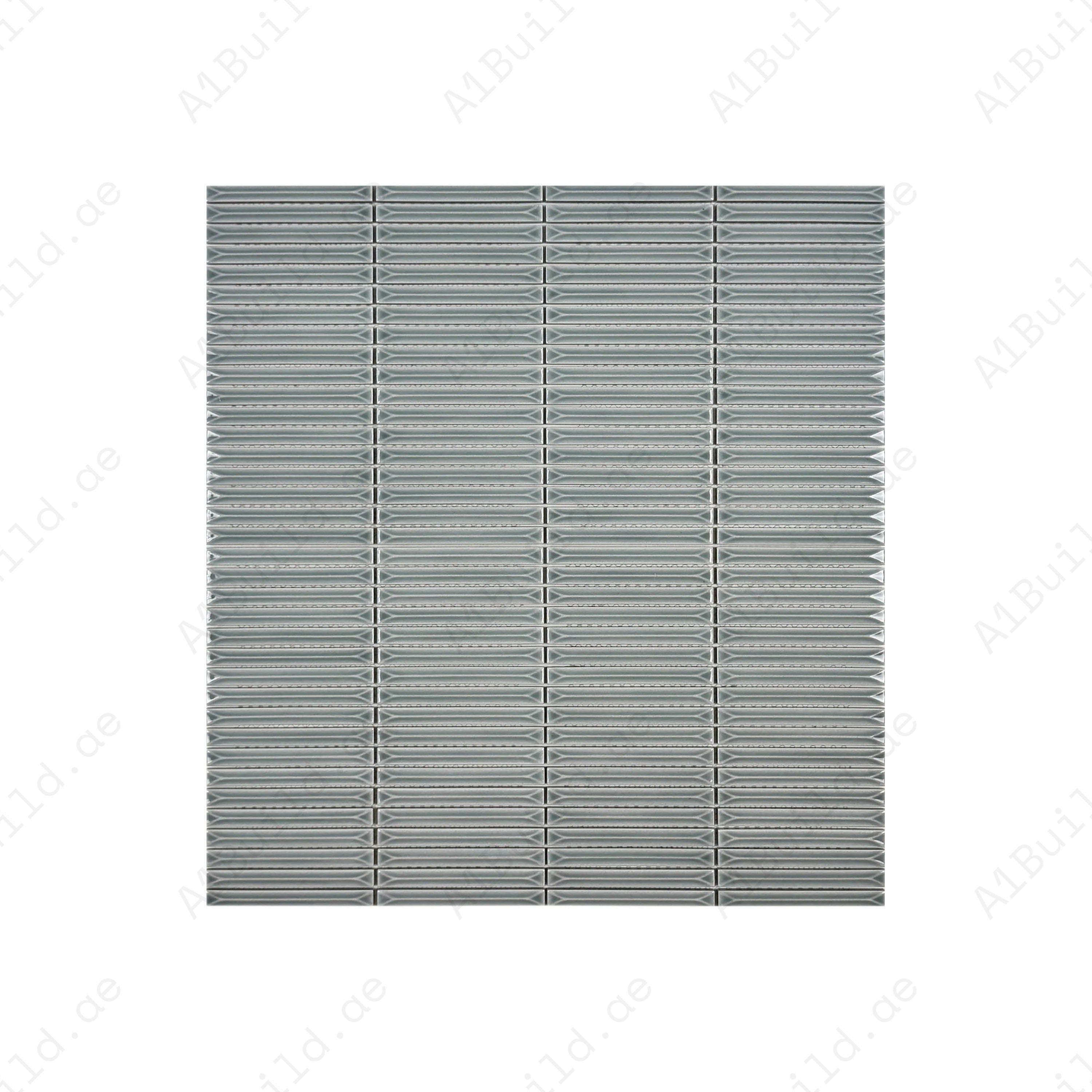 Lava Grey glossy porcelain mosaic with elegant beveled elongated design. Durable, waterproof, and stain-resistant; ideal for kitchens, bathrooms, walls & backsplashes.