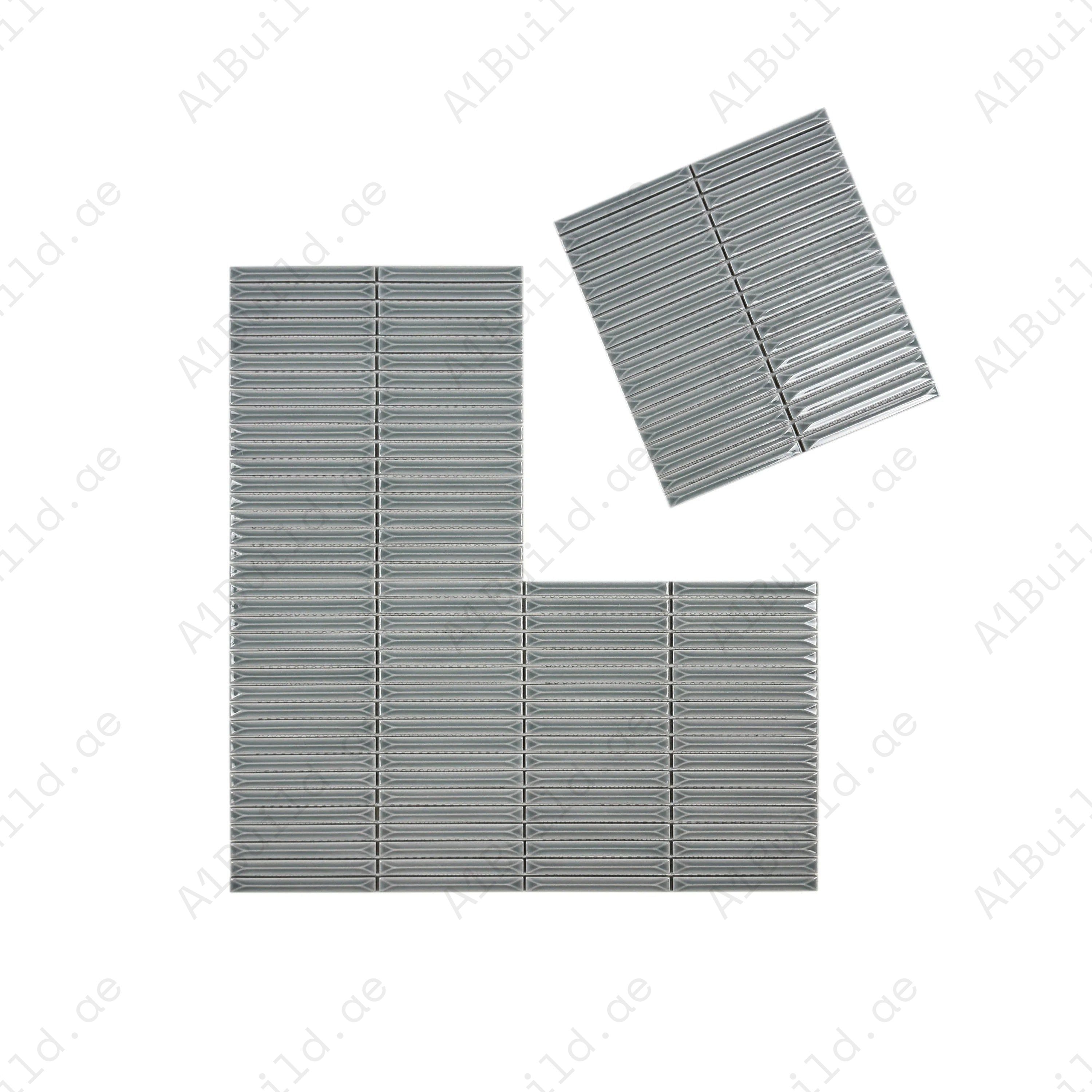 Lava Grey glossy porcelain mosaic with elegant beveled elongated design. Durable, waterproof, and stain-resistant; ideal for kitchens, bathrooms, walls & backsplashes.