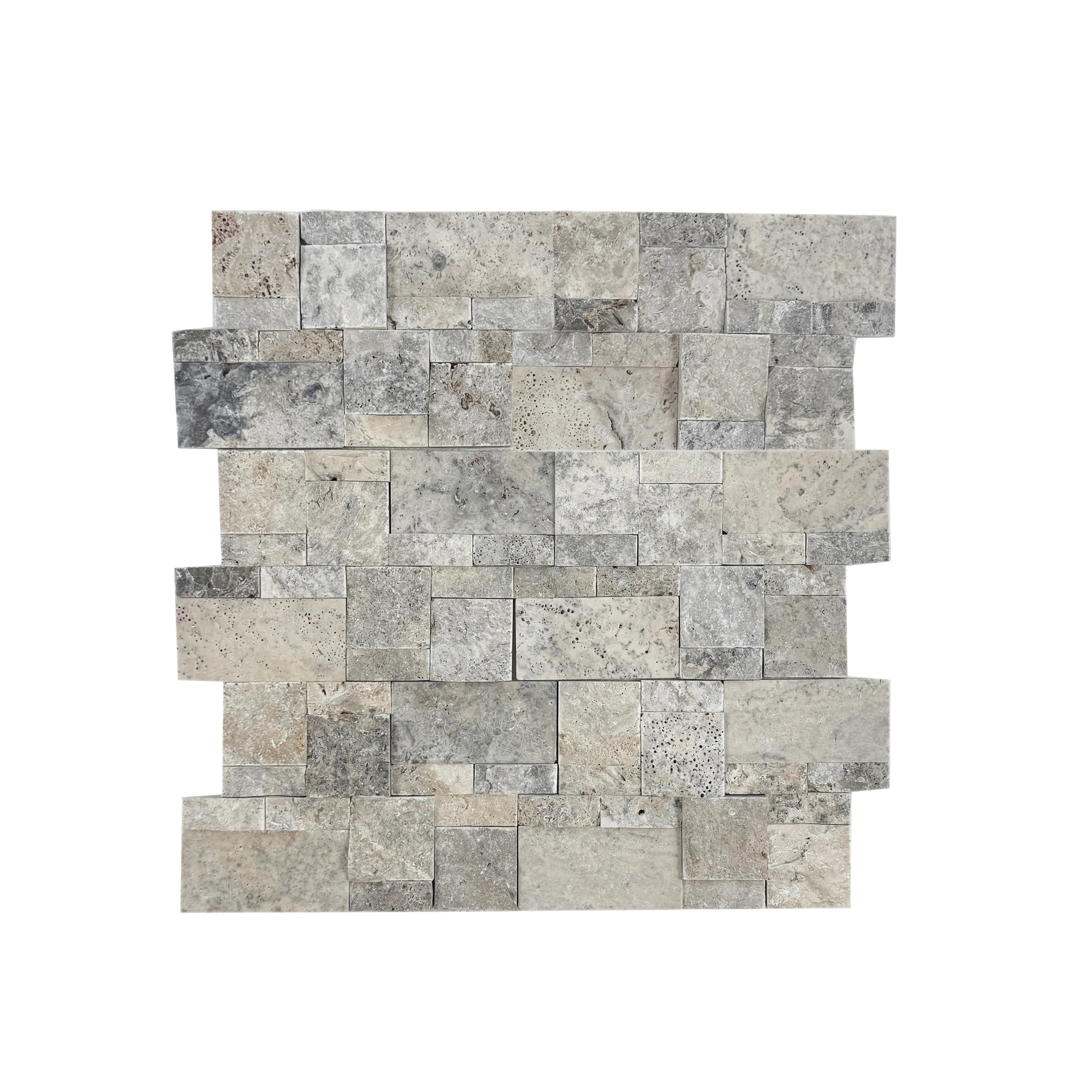 Lava, Thunder & Seal Grey split travertine mosaic tile with interlocking rectangular pattern. Durable, elegant & perfect for walls and luxury interiors.