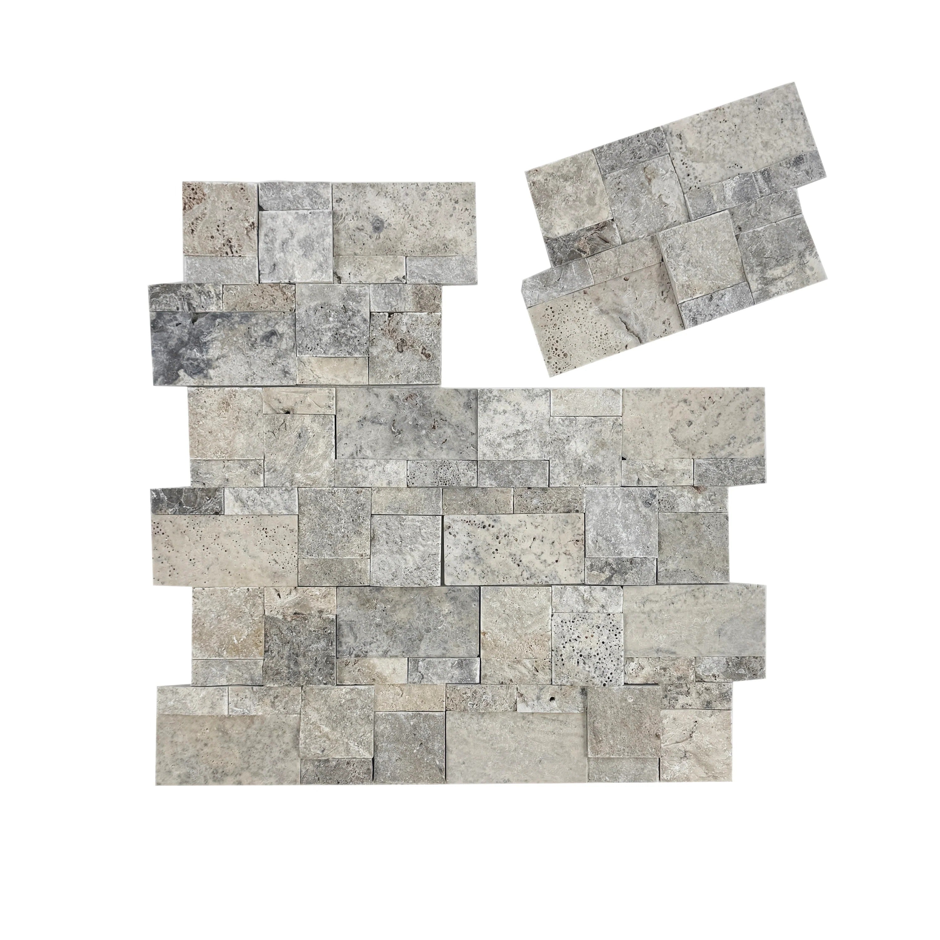 Lava, Thunder & Seal Grey split travertine mosaic tile with interlocking rectangular pattern. Durable, elegant & perfect for walls and luxury interiors.