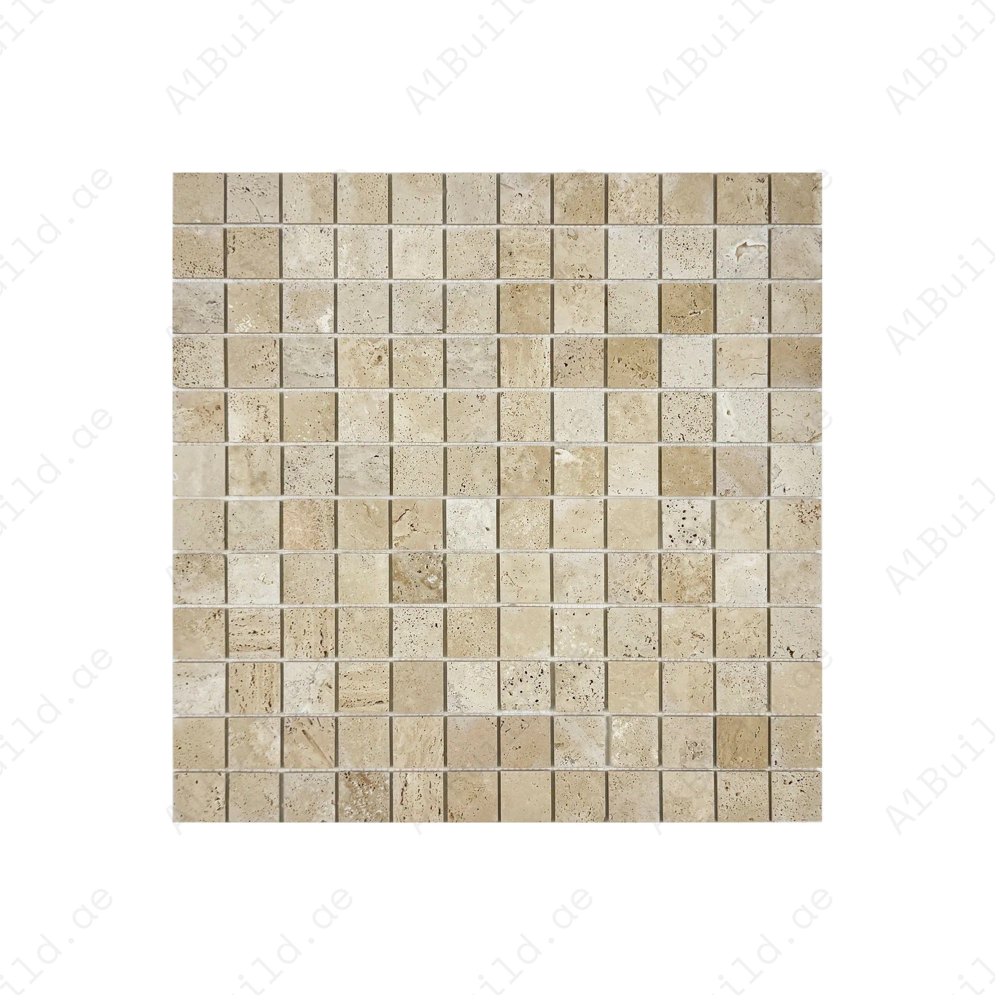 Light Beige honed travertine marble mosaic features warm beige tones with subtle natural veining, ideal for walls, backsplashes, and decorative interiors.