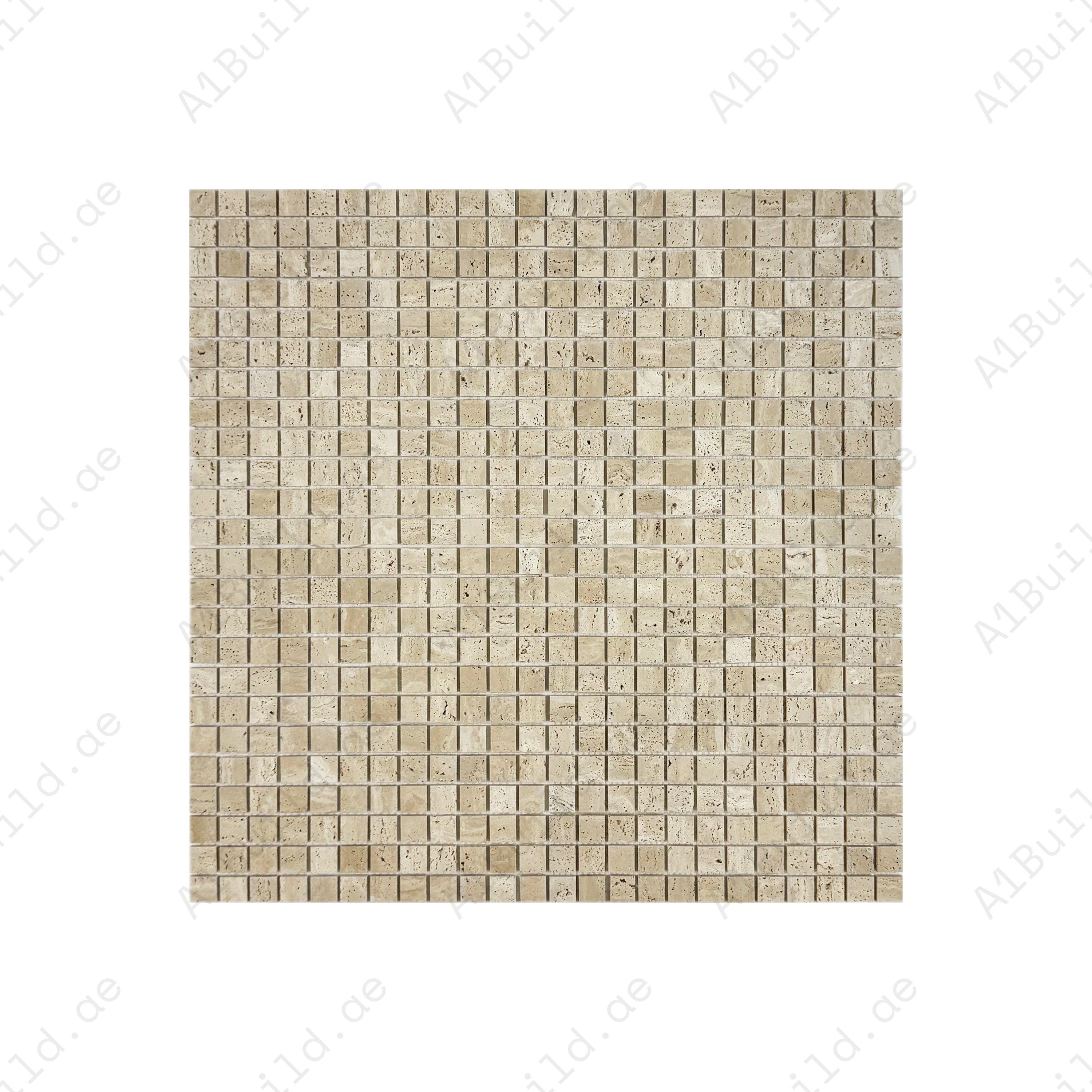 Light Beige honed travertine marble mosaic with warm tones & natural veining. Ideal for walls, backsplashes and decorative interiors with a refined matte finish